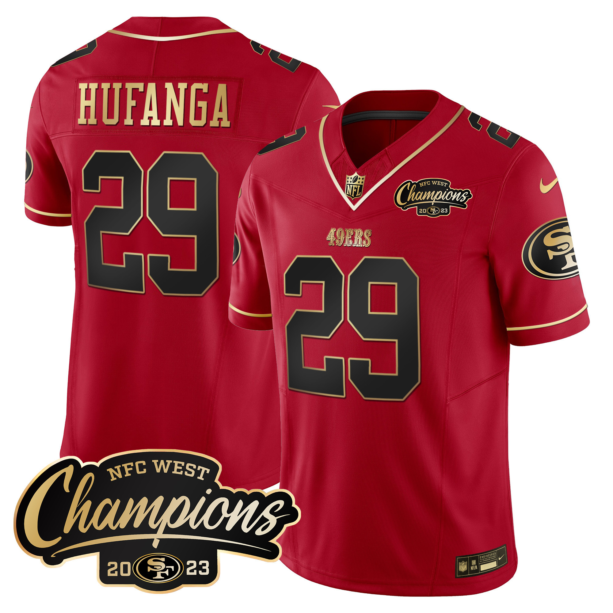 Men's Talanoa Hufanga San Francisco 49ers 2023 NFC West Champions Patch Vapor Scarlet Limited Jersey - All Stitched