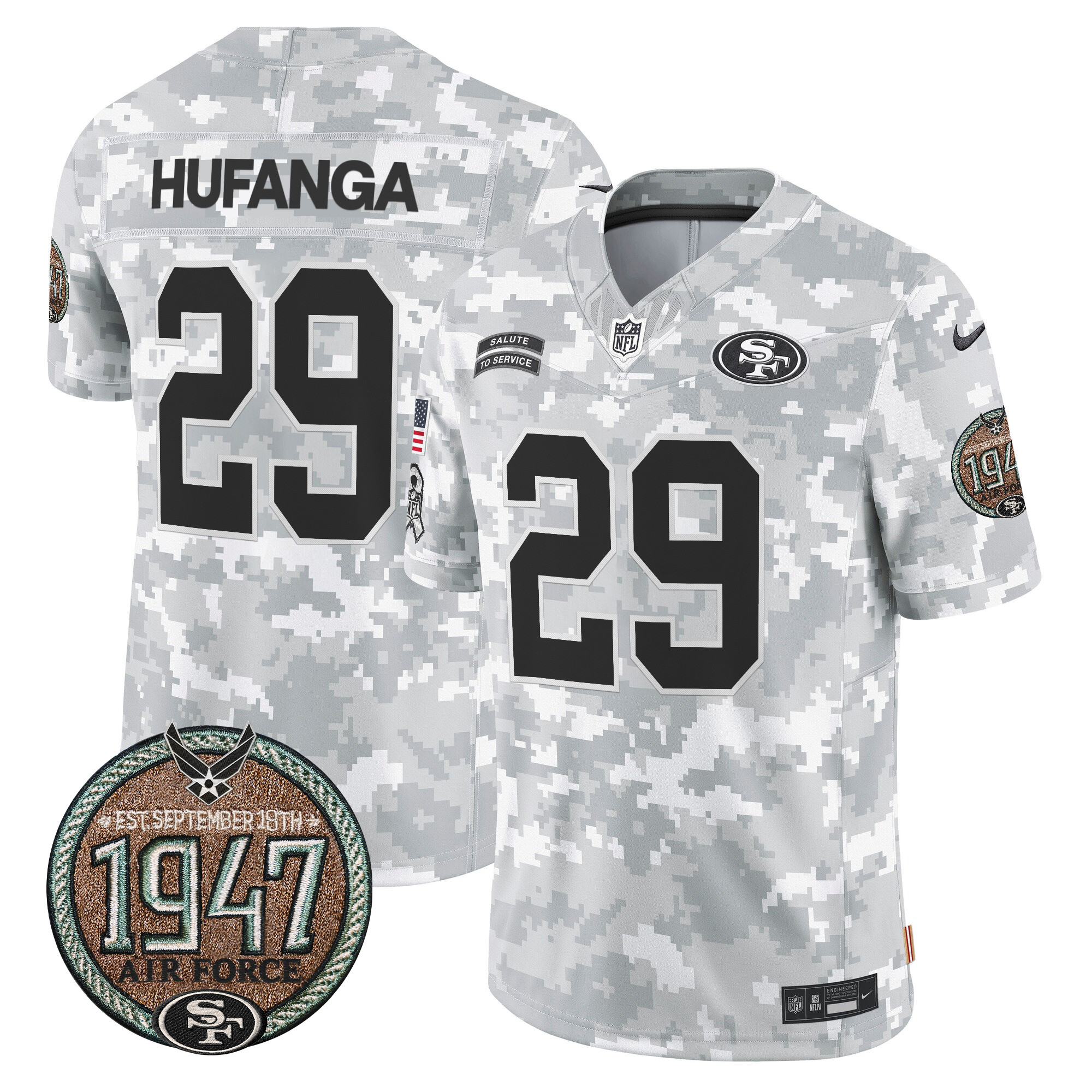 Men's Talanoa Hufanga San Francisco 49ers 2024 Salute to Service Establishment Year Patch Vapor Limited Air Force Jersey - All Stitched
