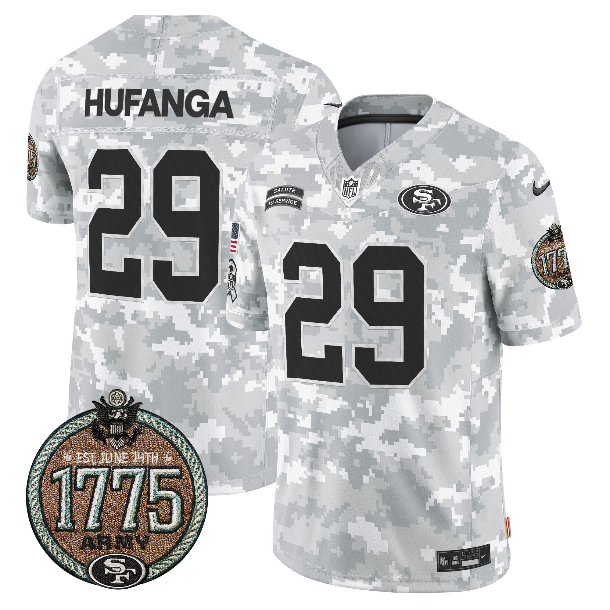 Men's Talanoa Hufanga San Francisco 49ers 2024 Salute to Service Establishment Year Patch Vapor Limited Army Jersey - All Stitched