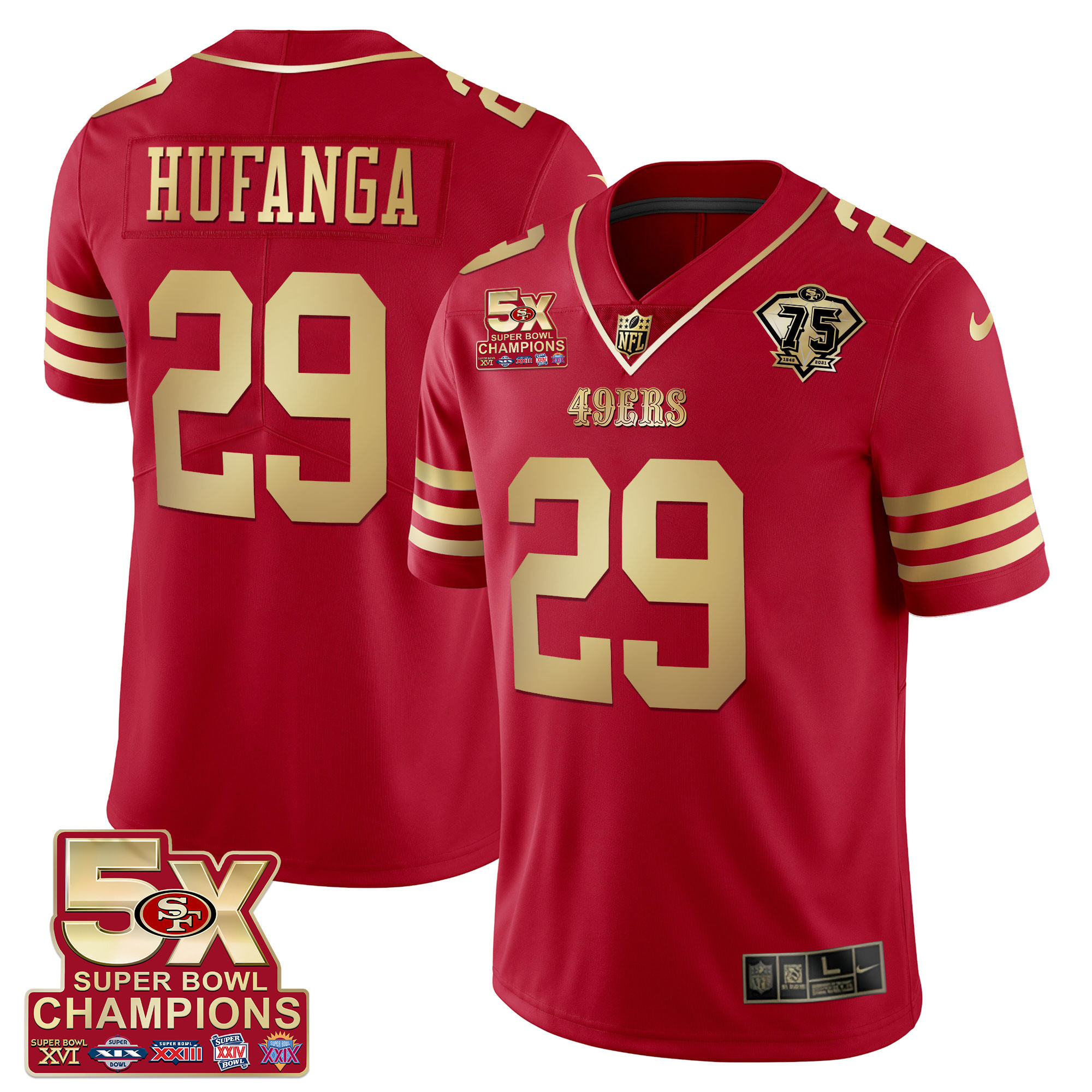 Men's Talanoa Hufanga San Francisco 49ers 5x Super Bowl Patch Black Red Vapor Red Gold Jersey - Stitched