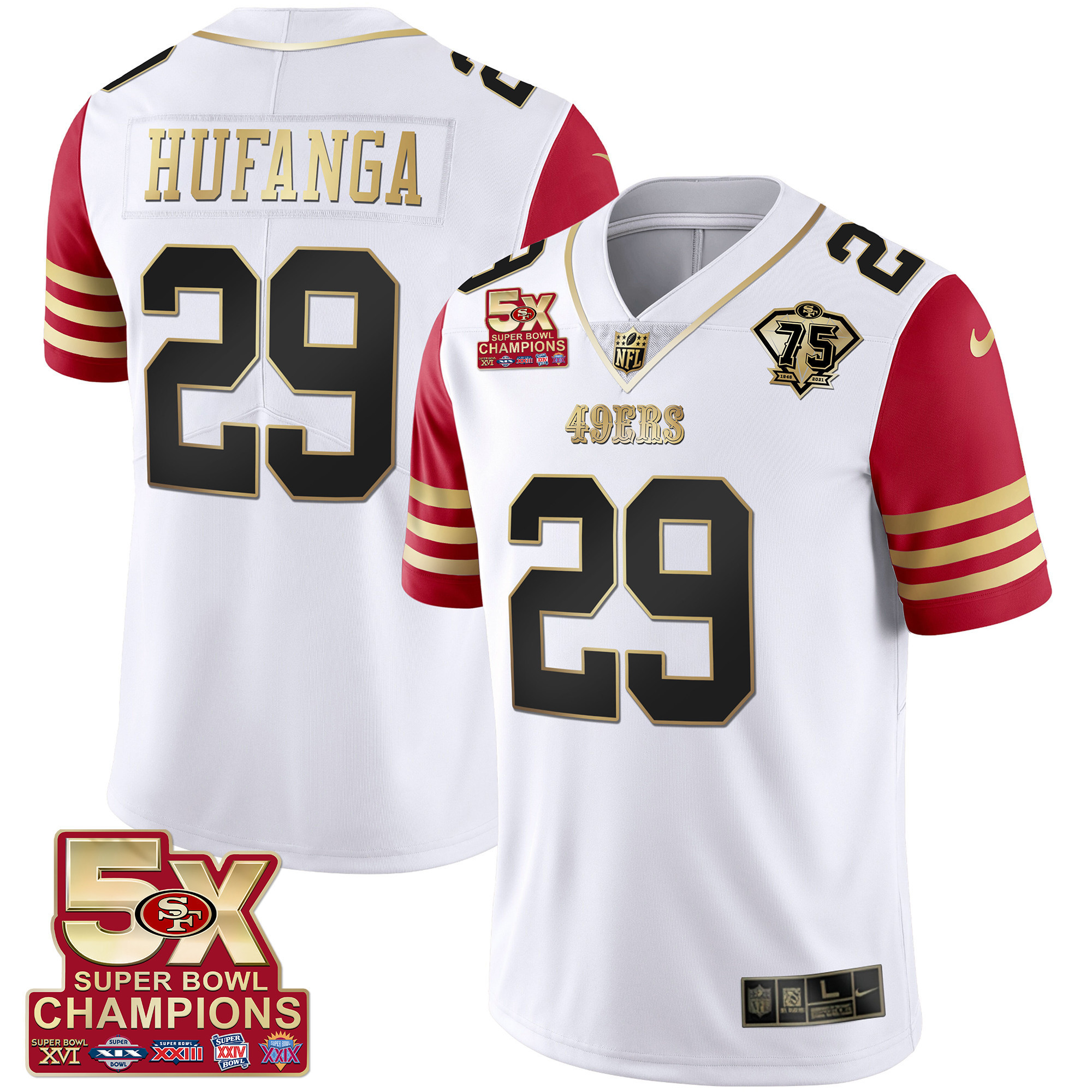 Men's Talanoa Hufanga San Francisco 49ers 5x Super Bowl Patch Black Red Vapor Red Sleeve Jersey - Stitched