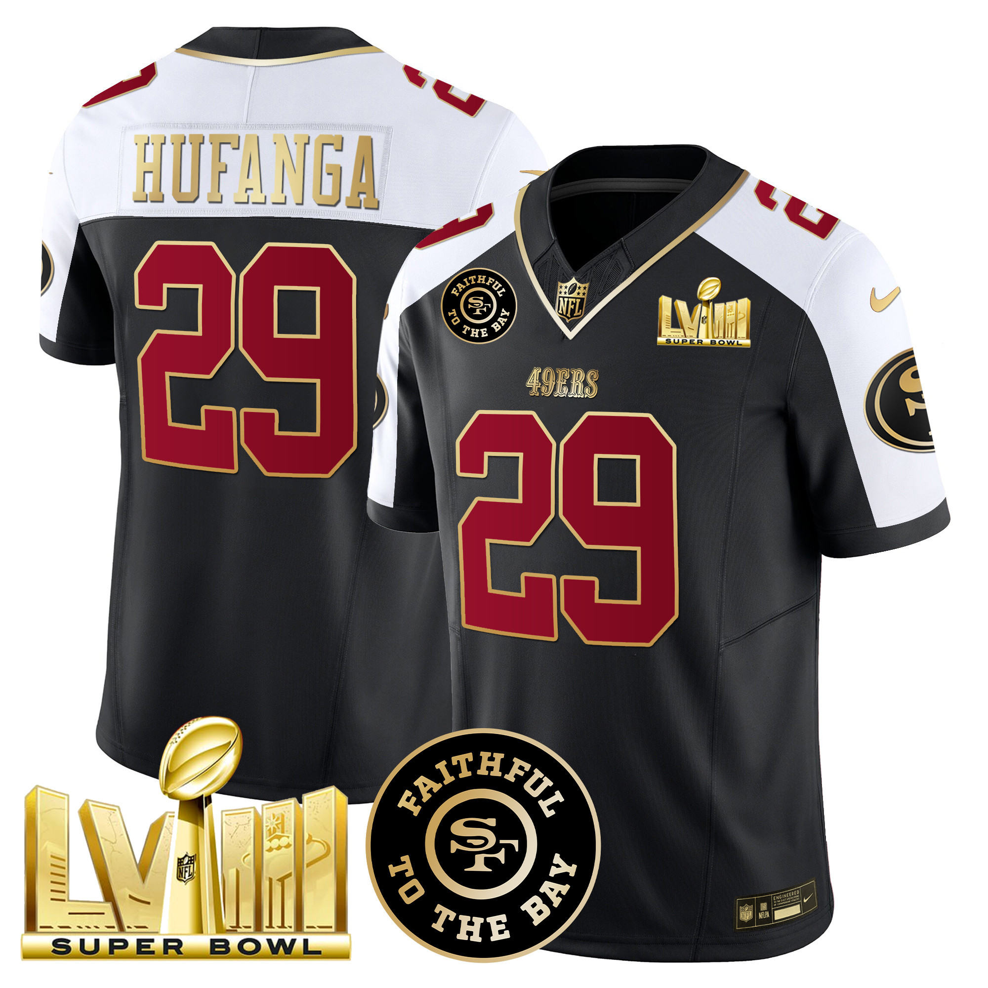 Men's Talanoa Hufanga San Francisco 49ers Faithful & Super Bowl LVIII Gold Patch Vapor Black Alternate Jersey - All Stitched