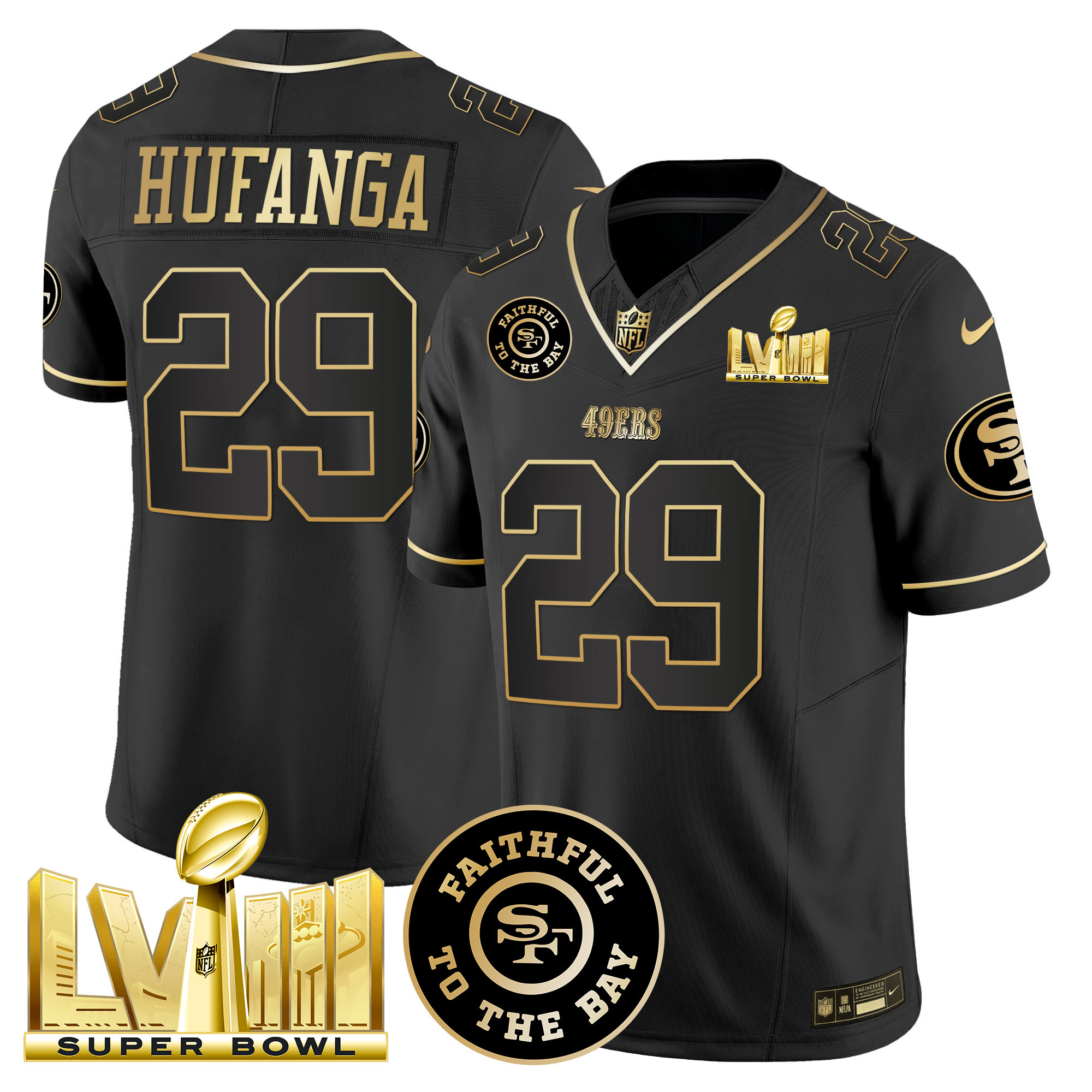 Men's Talanoa Hufanga San Francisco 49ers Faithful & Super Bowl LVIII Gold Patch Vapor Black Gold Jersey V2 - All Stitched