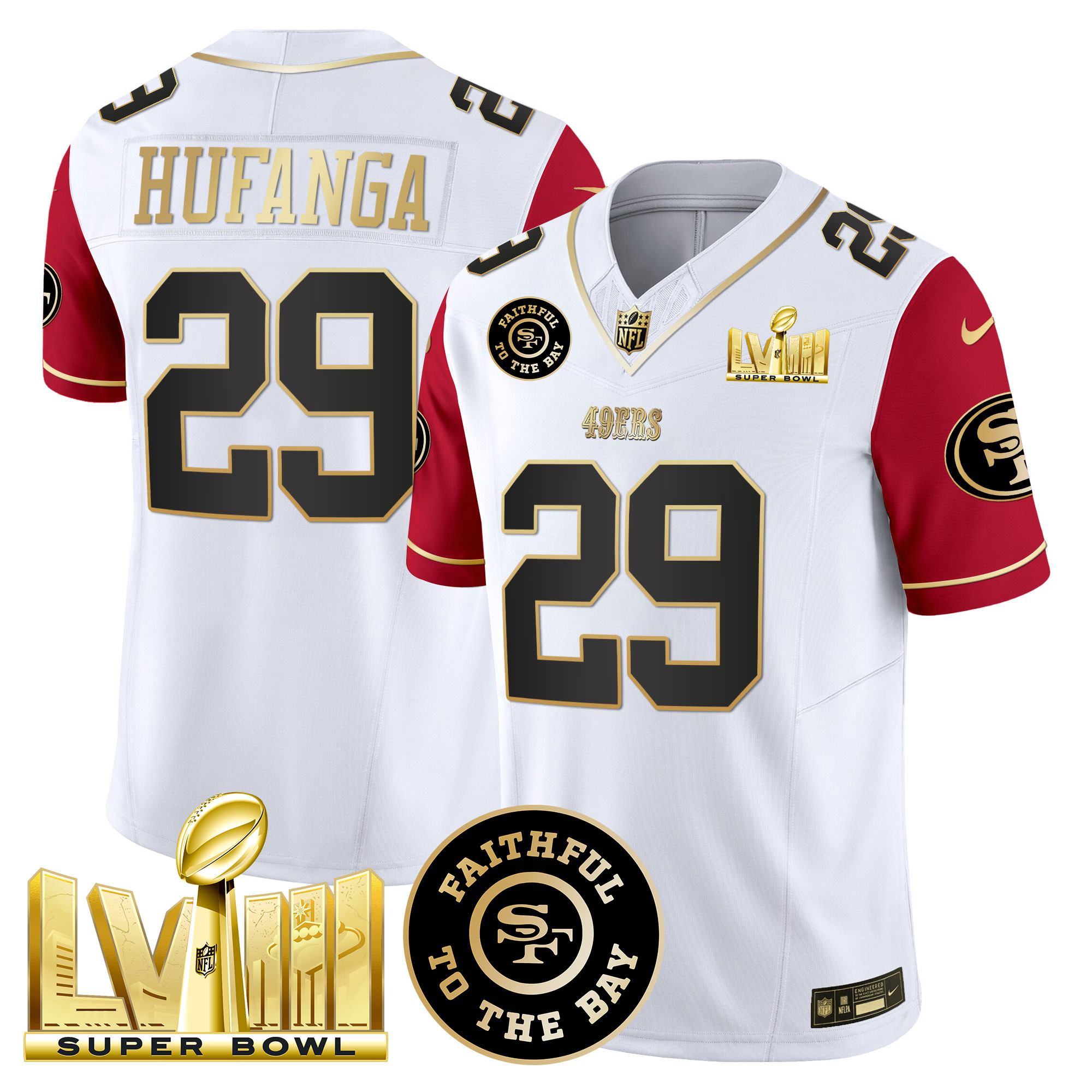 Men's Talanoa Hufanga San Francisco 49ers Faithful & Super Bowl LVIII Gold Patch Vapor Color Sleeves Jersey V2 - All Stitched