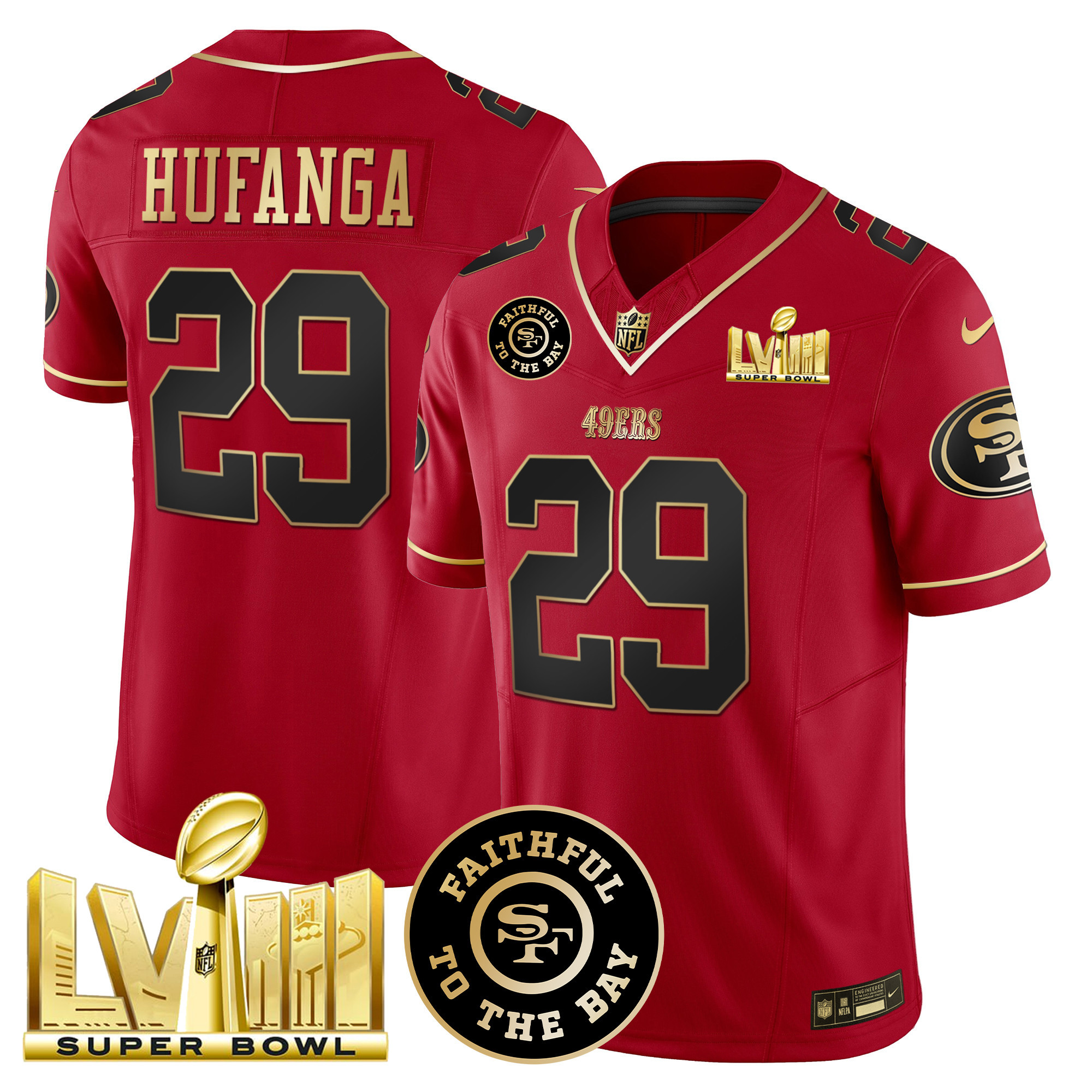 Men's Talanoa Hufanga San Francisco 49ers Faithful & Super Bowl LVIII Gold Patch Vapor Scarlet Limited Jersey - All Stitched