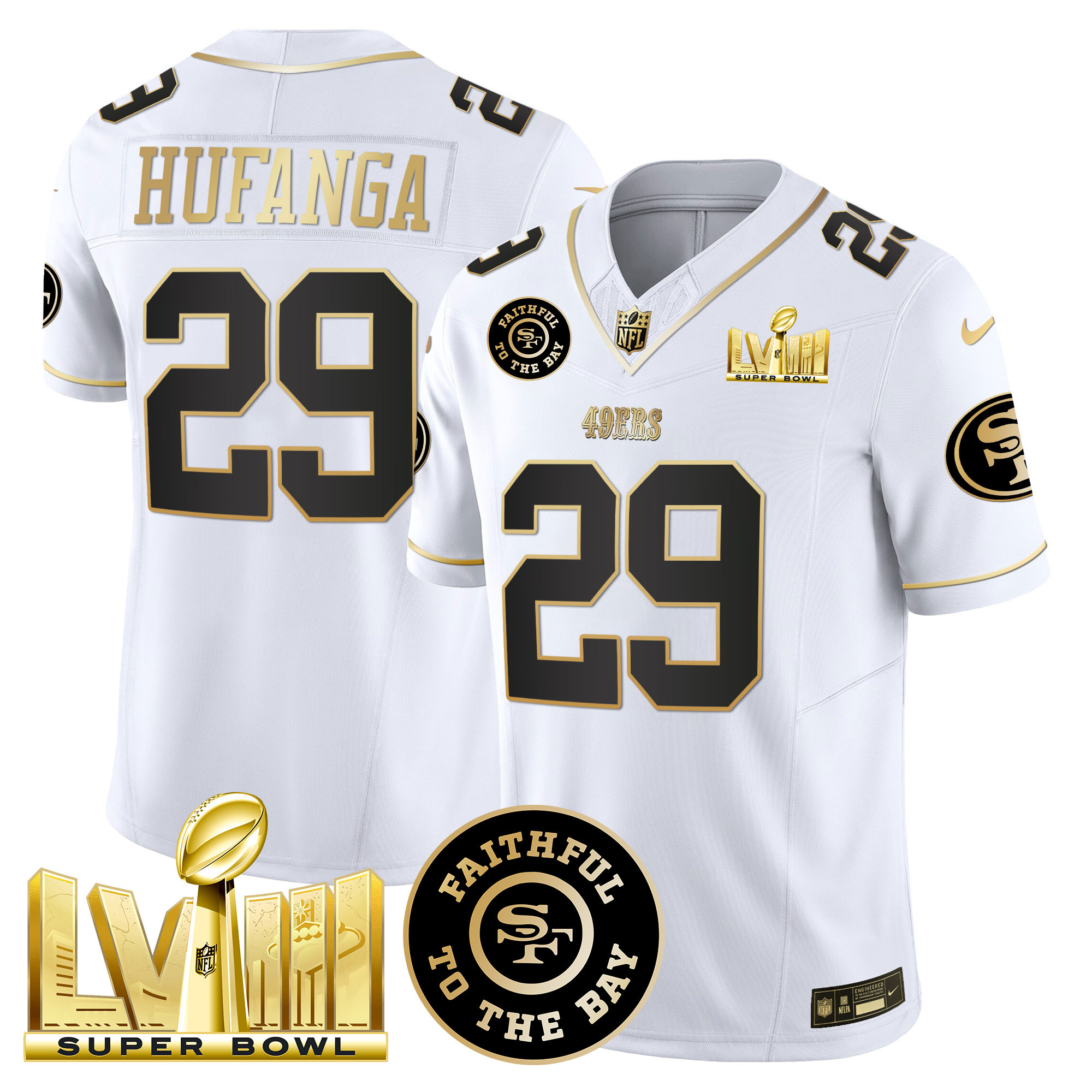 Men's Talanoa Hufanga San Francisco 49ers Faithful & Super Bowl LVIII Gold Patch Vapor White Gold Jersey V2 - All Stitched