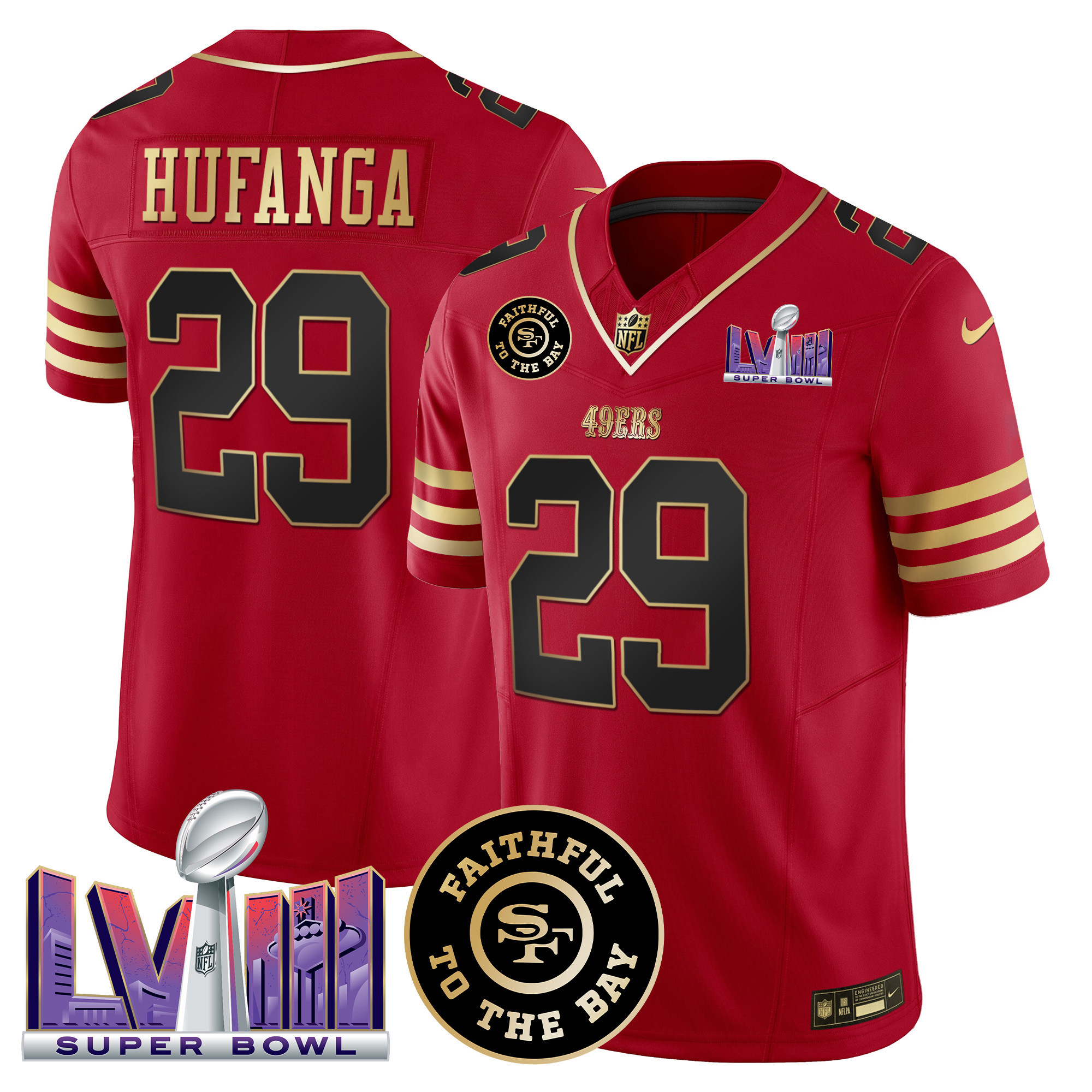 Men's Talanoa Hufanga San Francisco 49ers Faithful & Super Bowl LVIII Patch Vapor Black Scarlet Jersey - All Stitched