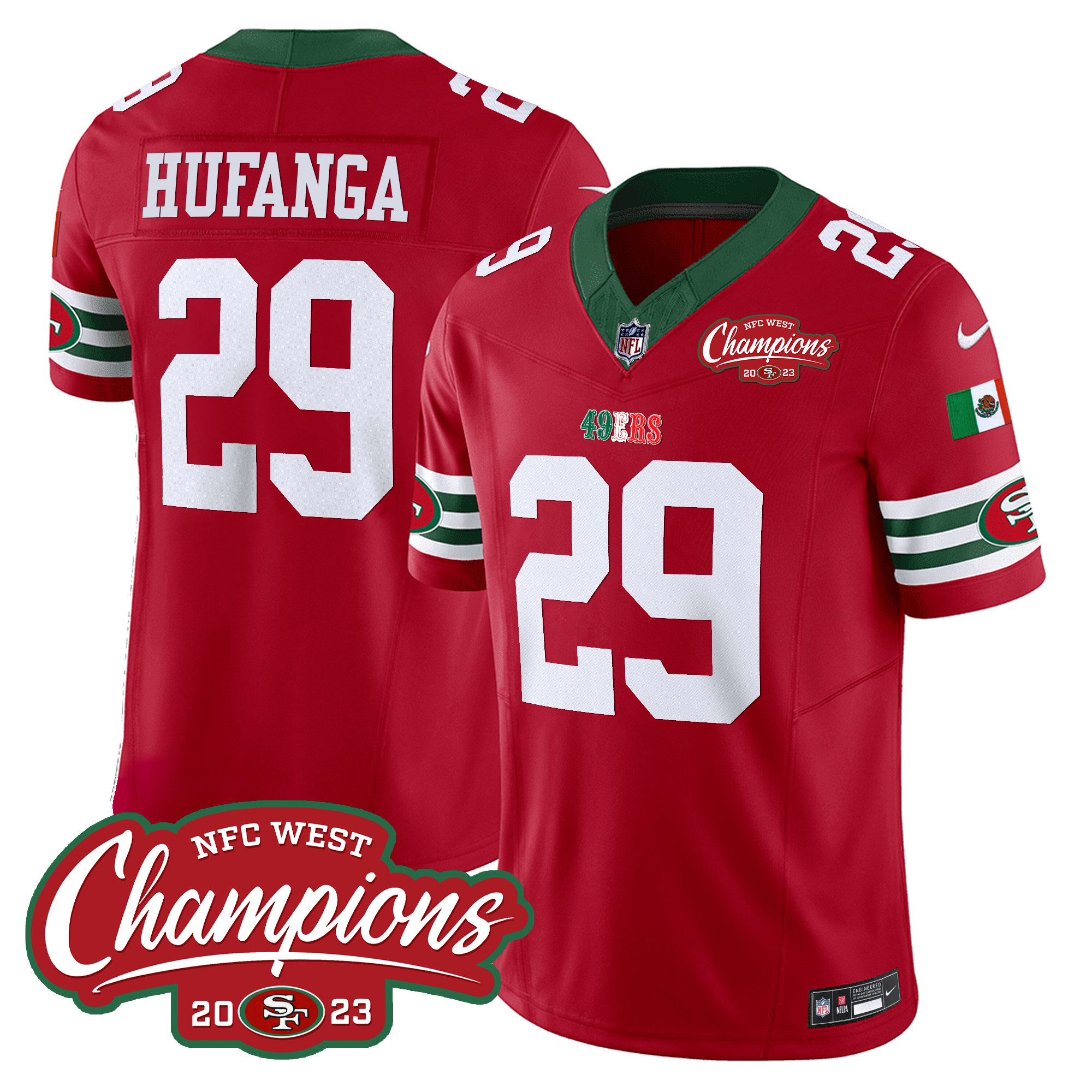 Men's Talanoa Hufanga San Francisco 49ers Mexico 2023 NFC West Champions Patch Vapor Red Jersey - All Stitched