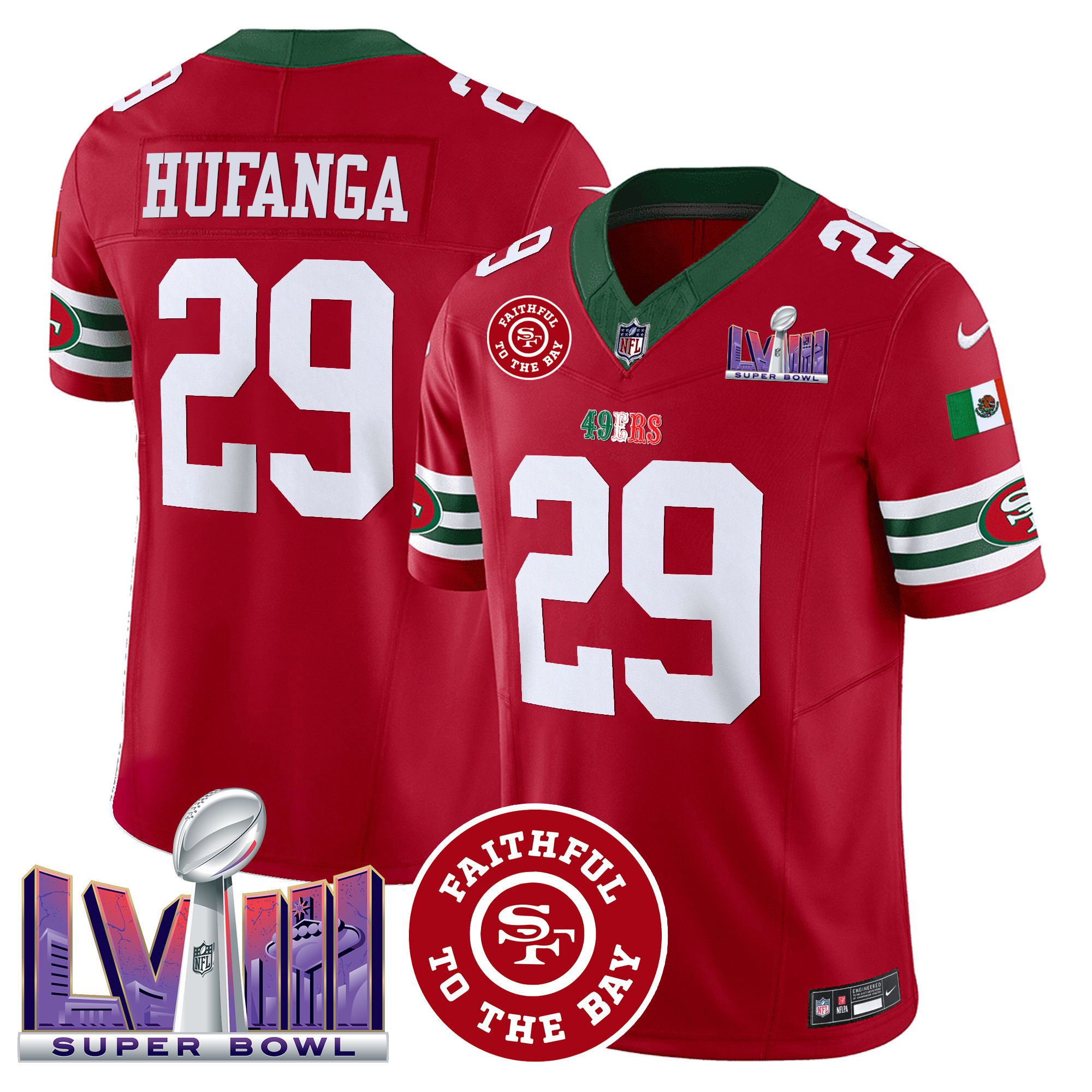 Men's Talanoa Hufanga San Francisco 49ers Mexico Faithful & Super Bowl LVIII Patch Vapor Red Jersey - All Stitched