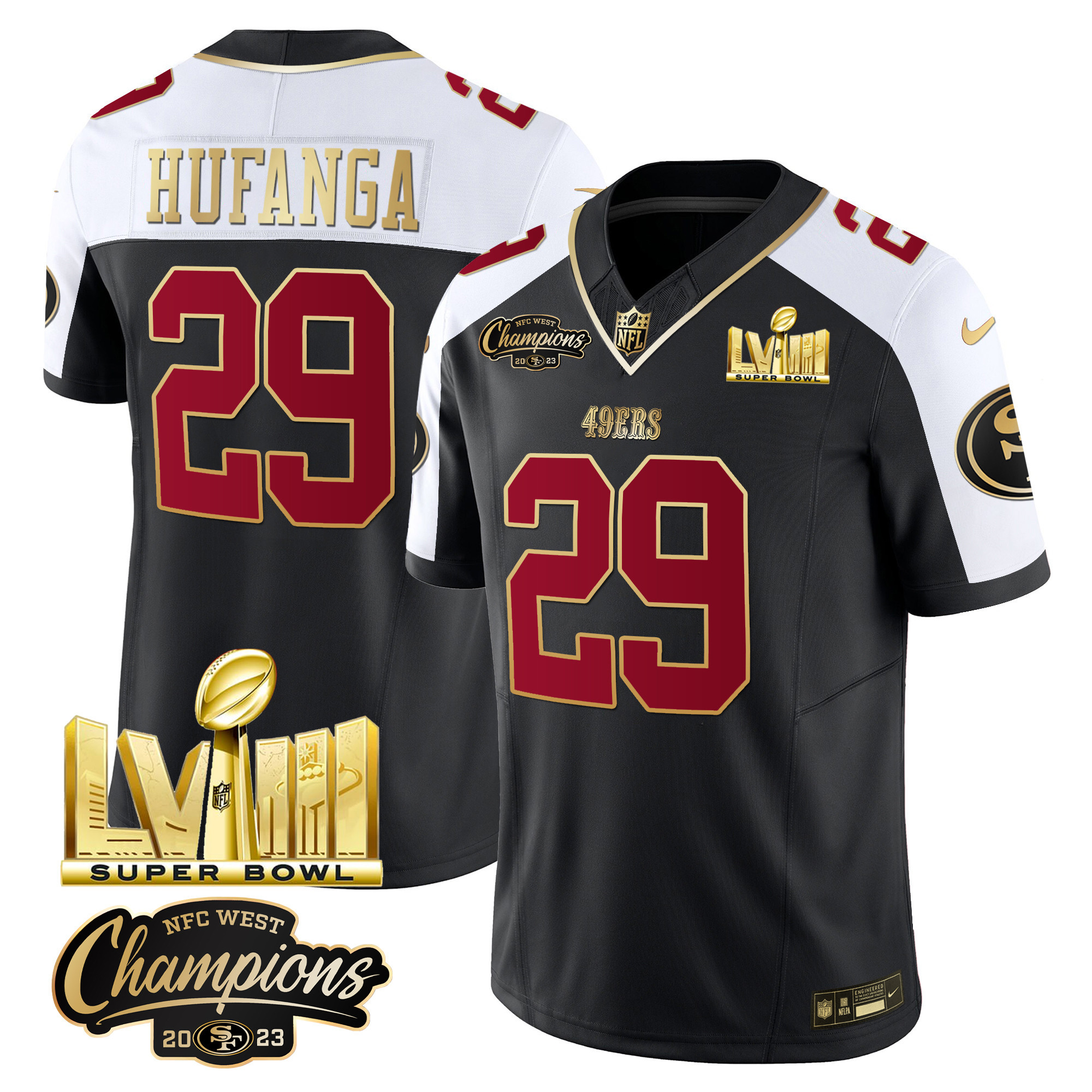 Men's Talanoa Hufanga San Francisco 49ers NFC West Champions & Super Bowl LVIII Gold Patch Vapor Black Alternate Jersey V2 - All Stitched