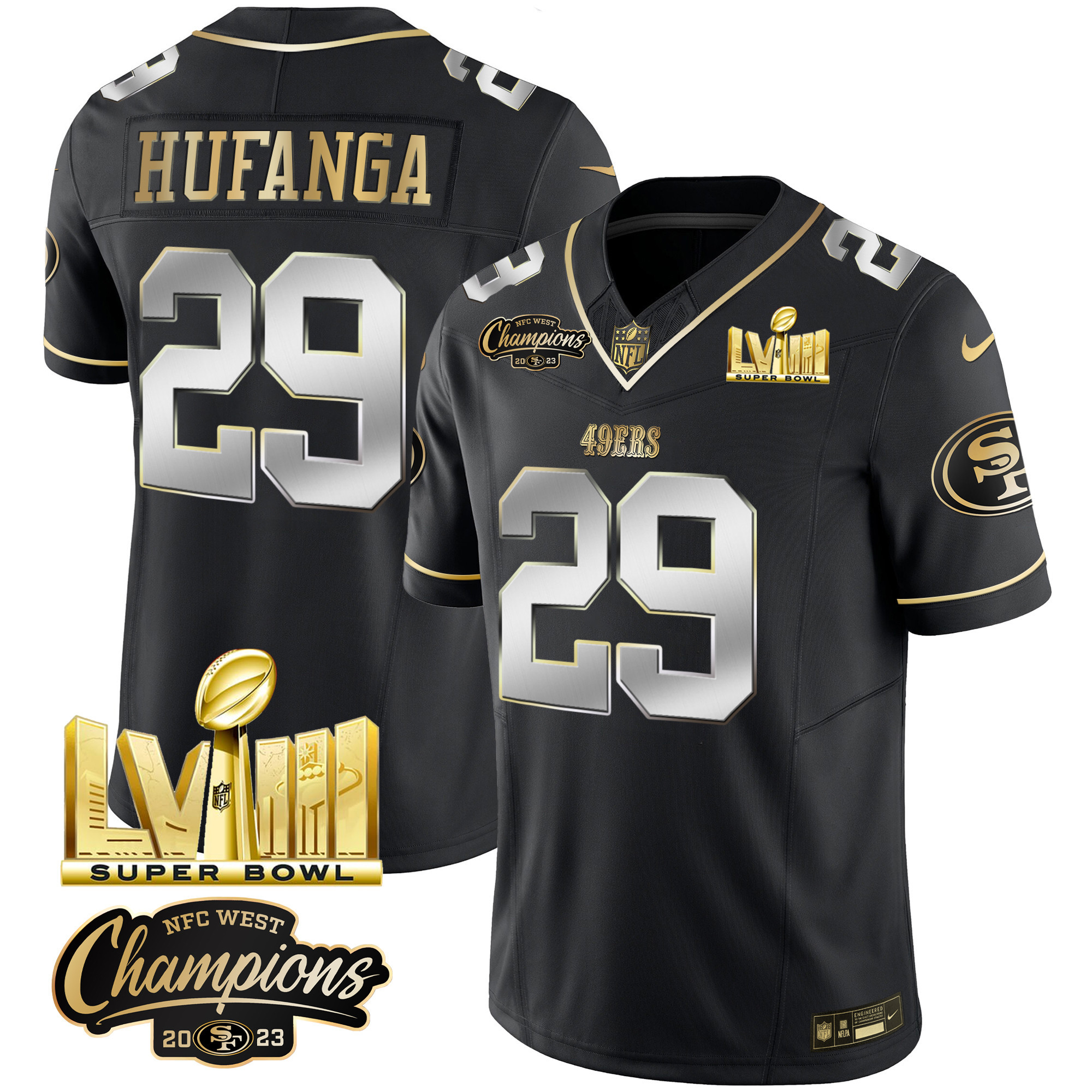 Men's Talanoa Hufanga San Francisco 49ers NFC West Champions & Super Bowl LVIII Gold Patch Vapor Black Limited Jersey V2 - All Stitched