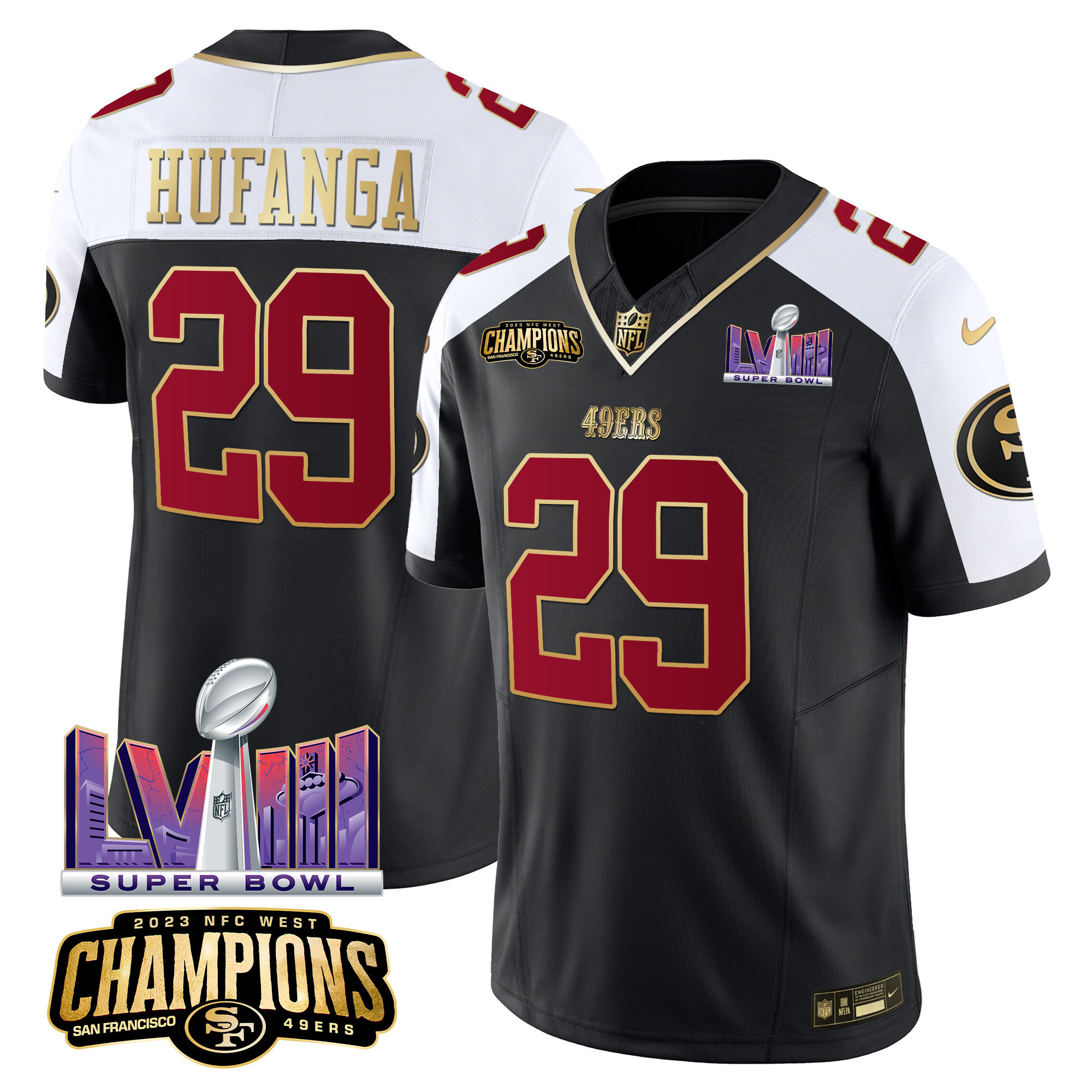 Men's Talanoa Hufanga San Francisco 49ers NFC West Champions & Super Bowl LVIII Patch Vapor Black Alternate Jersey - All Stitched