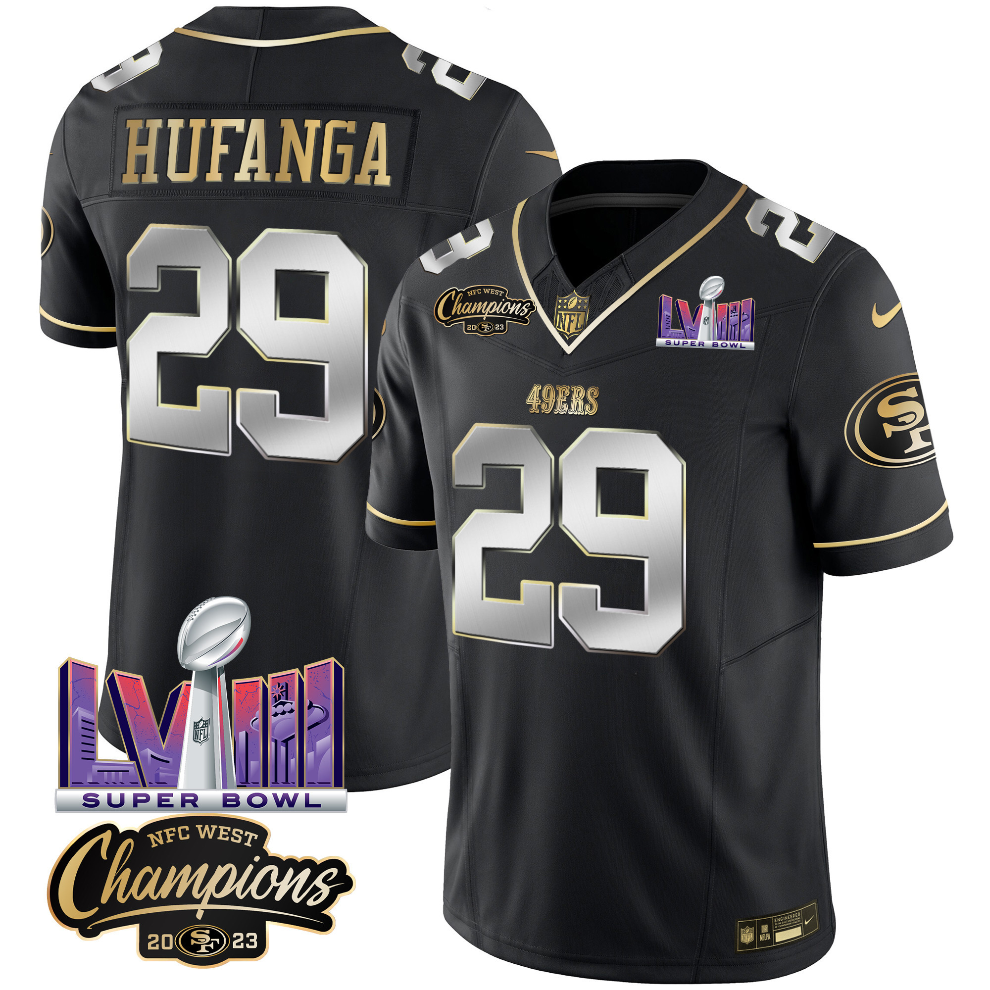 Men's Talanoa Hufanga San Francisco 49ers NFC West Champions & Super Bowl LVIII Patch Vapor Black Limited Jersey V2 - All Stitched