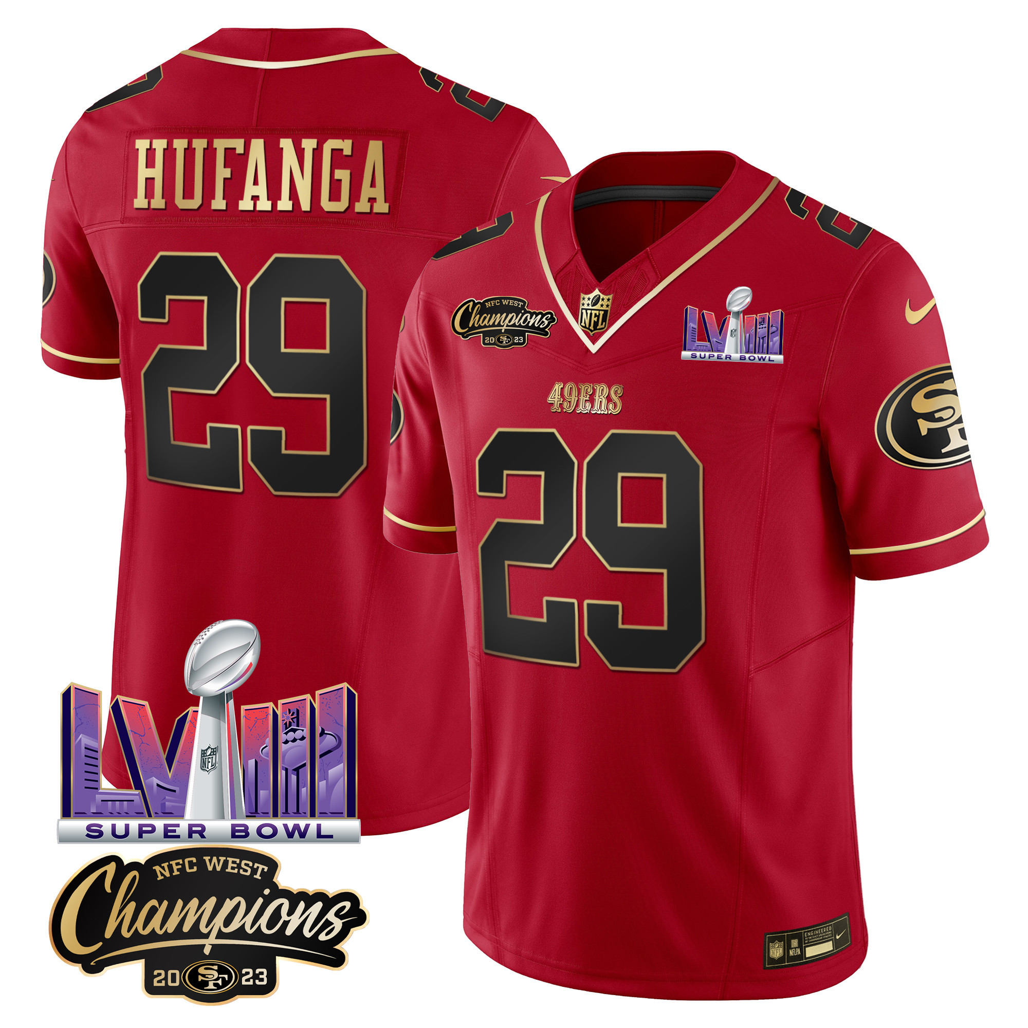 Men's Talanoa Hufanga San Francisco 49ers NFC West Champions & Super Bowl LVIII Patch Vapor Scarlet Limited Jersey V2 - All Stitched