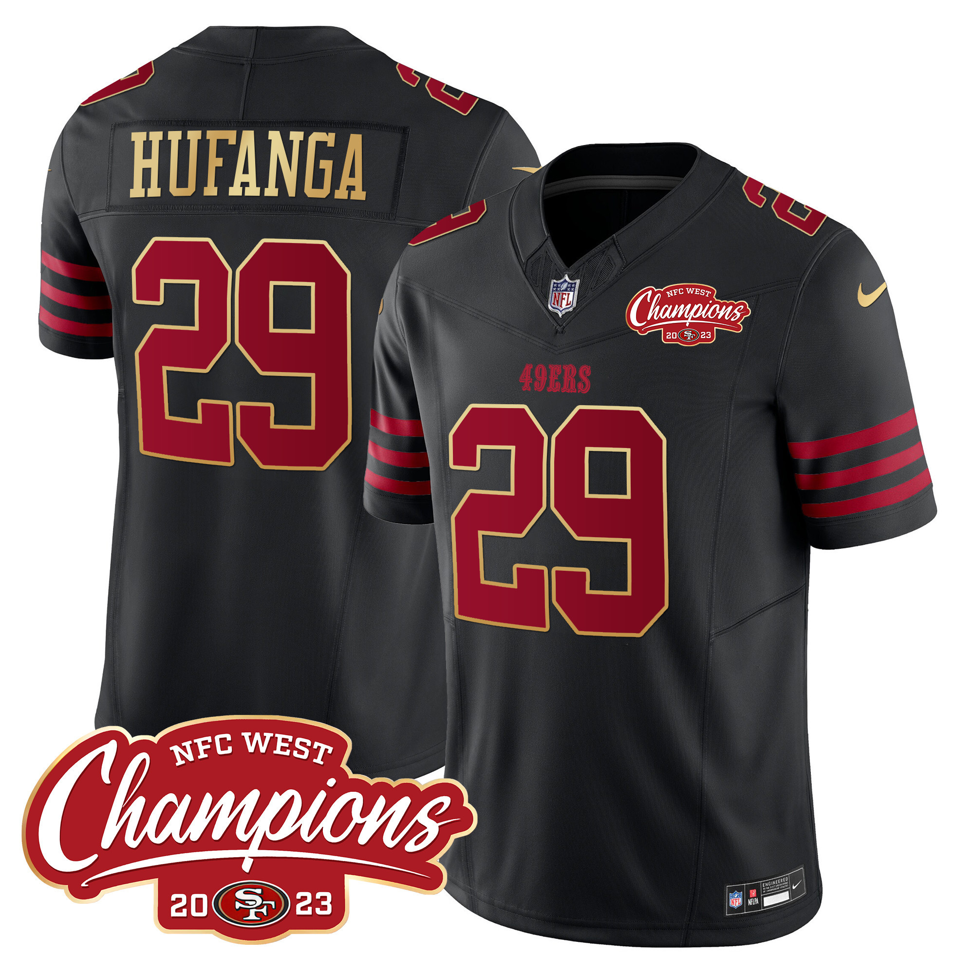 Men's Talanoa Hufanga San Francisco 49ers NFC West Champions Gold Trim Vapor Black Jersey - All Stitched
