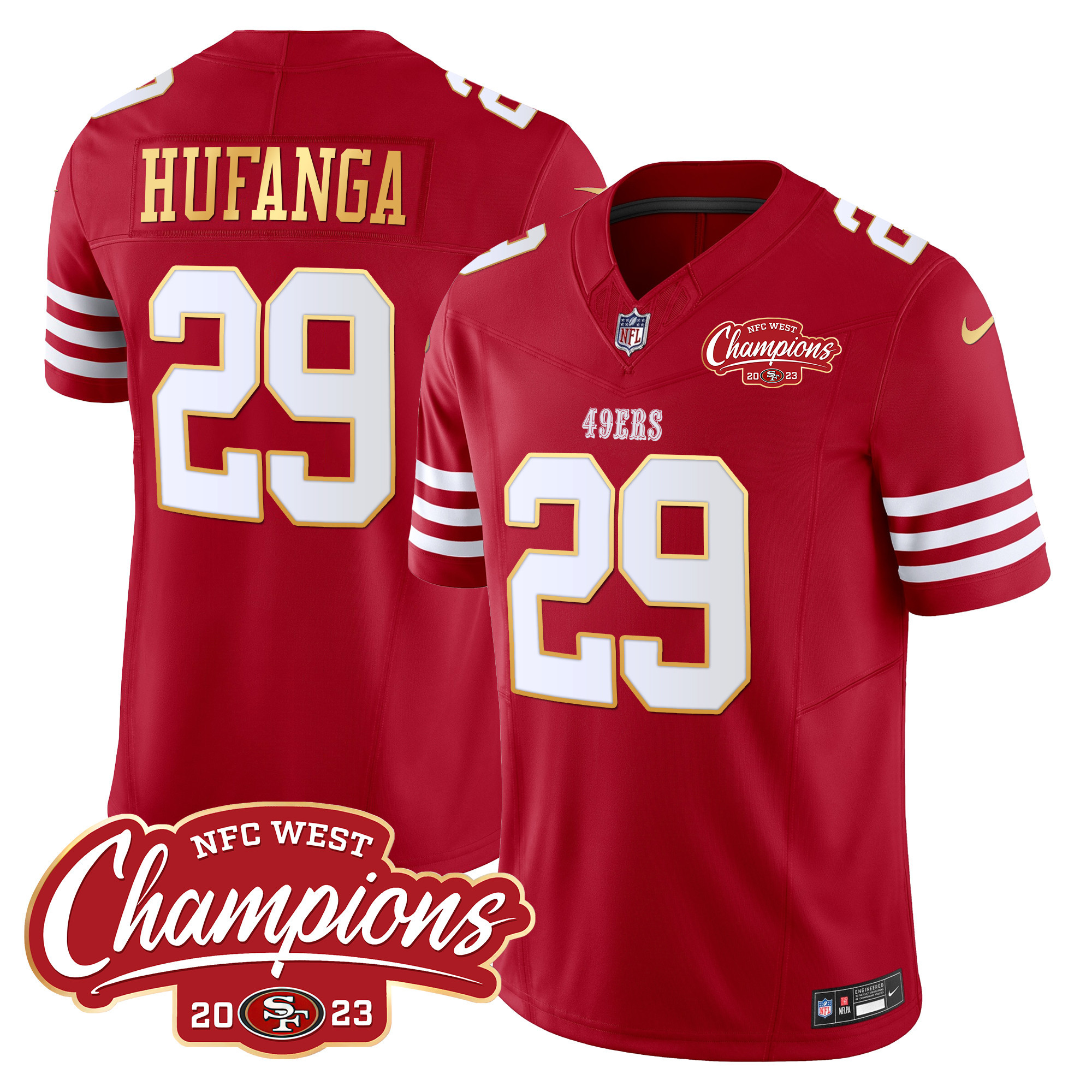 Men's Talanoa Hufanga San Francisco 49ers NFC West Champions Gold Trim Vapor Red Jersey - All Stitched