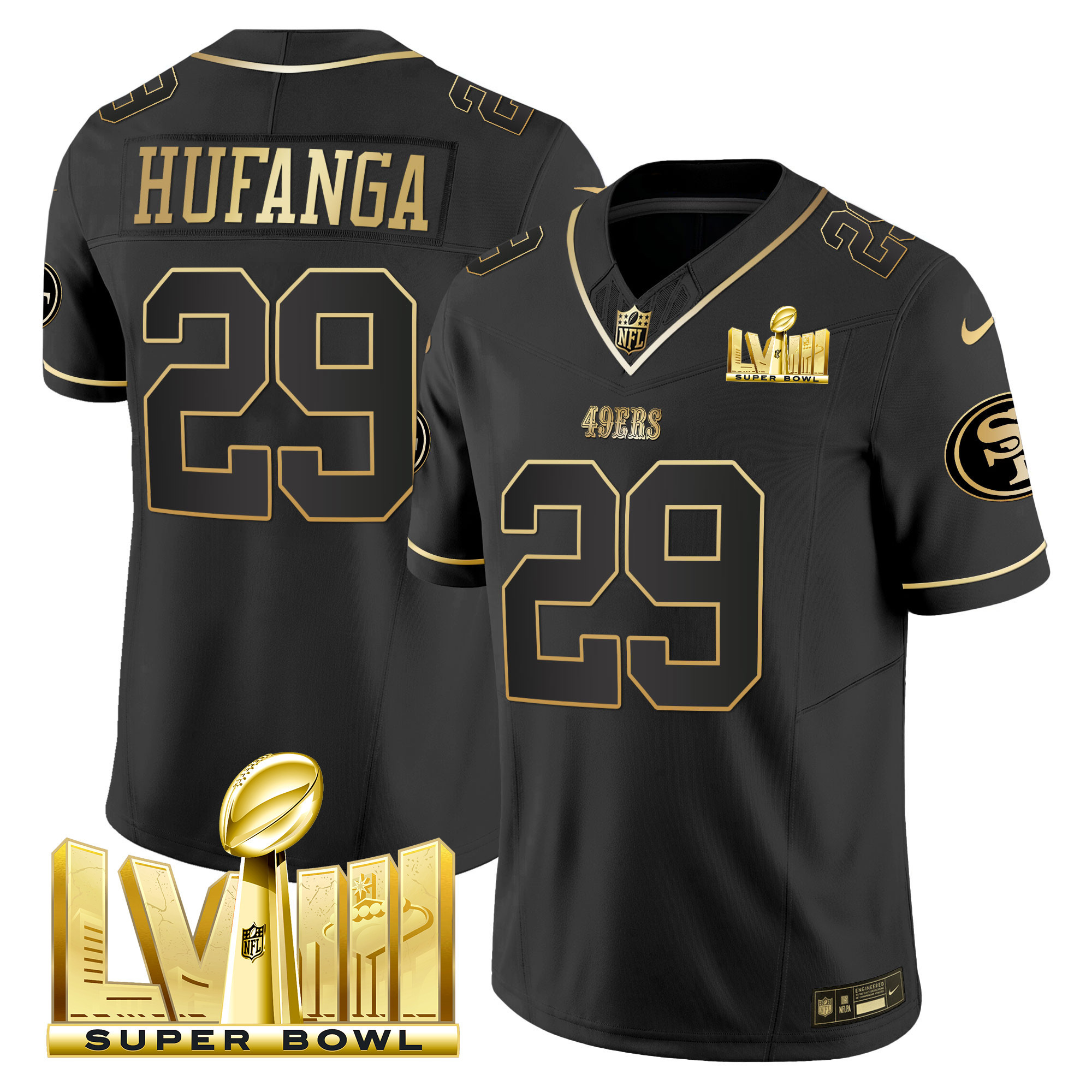 Men's Talanoa Hufanga San Francisco 49ers Super Bowl LVIII Gold Patch Vapor Black Gold Jersey V2 - All Stitched