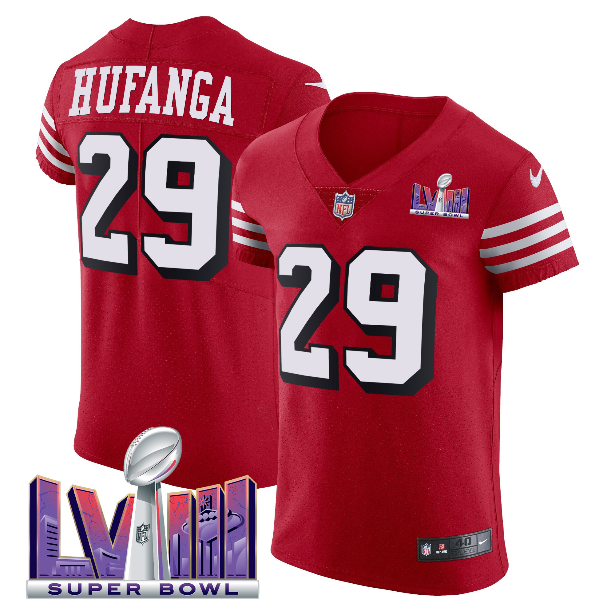 Men's Talanoa Hufanga San Francisco 49ers Super Bowl LVIII Gold Patch Vapor Elite Red Jersey - All Stitched