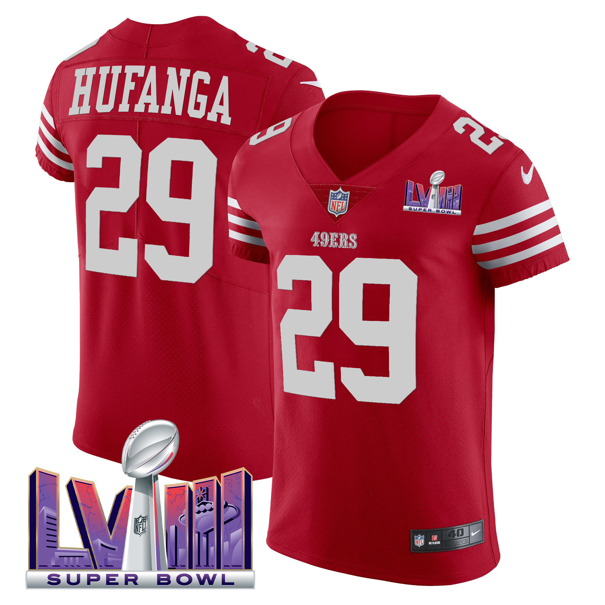 Men's Talanoa Hufanga San Francisco 49ers Super Bowl LVIII Gold Patch Vapor Elite Scarlet Jersey - All Stitched