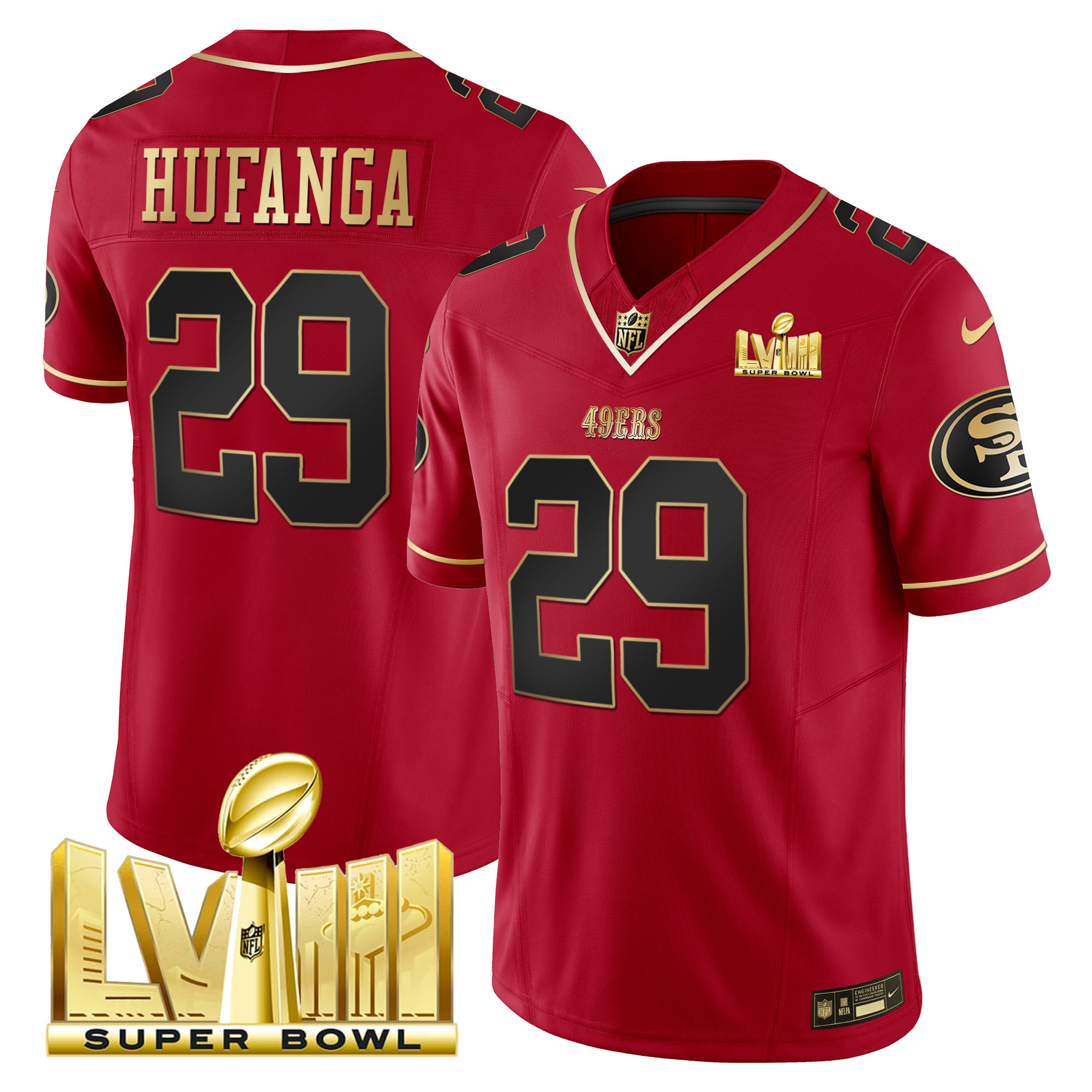 Men's Talanoa Hufanga San Francisco 49ers Super Bowl LVIII Gold Patch Vapor Scarlet Limited Jersey - All Stitched