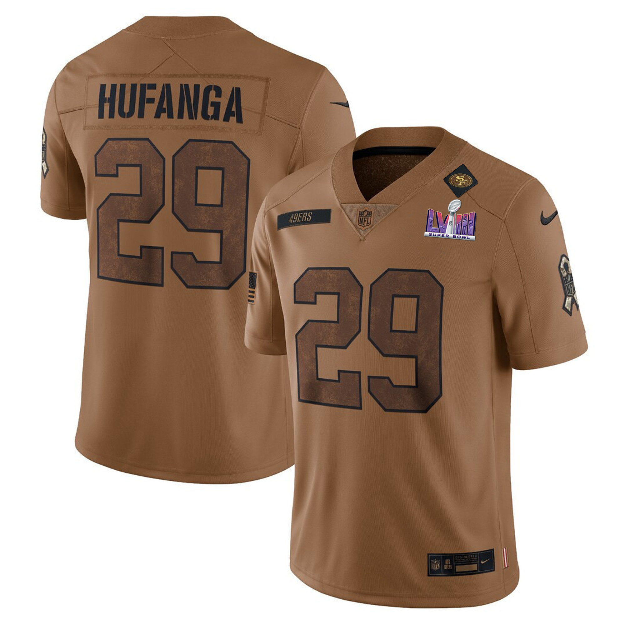 Men's Talanoa Hufanga San Francisco 49ers Super Bowl LVIII Patch Salute To Service Brown Limited Jersey - All Stitched
