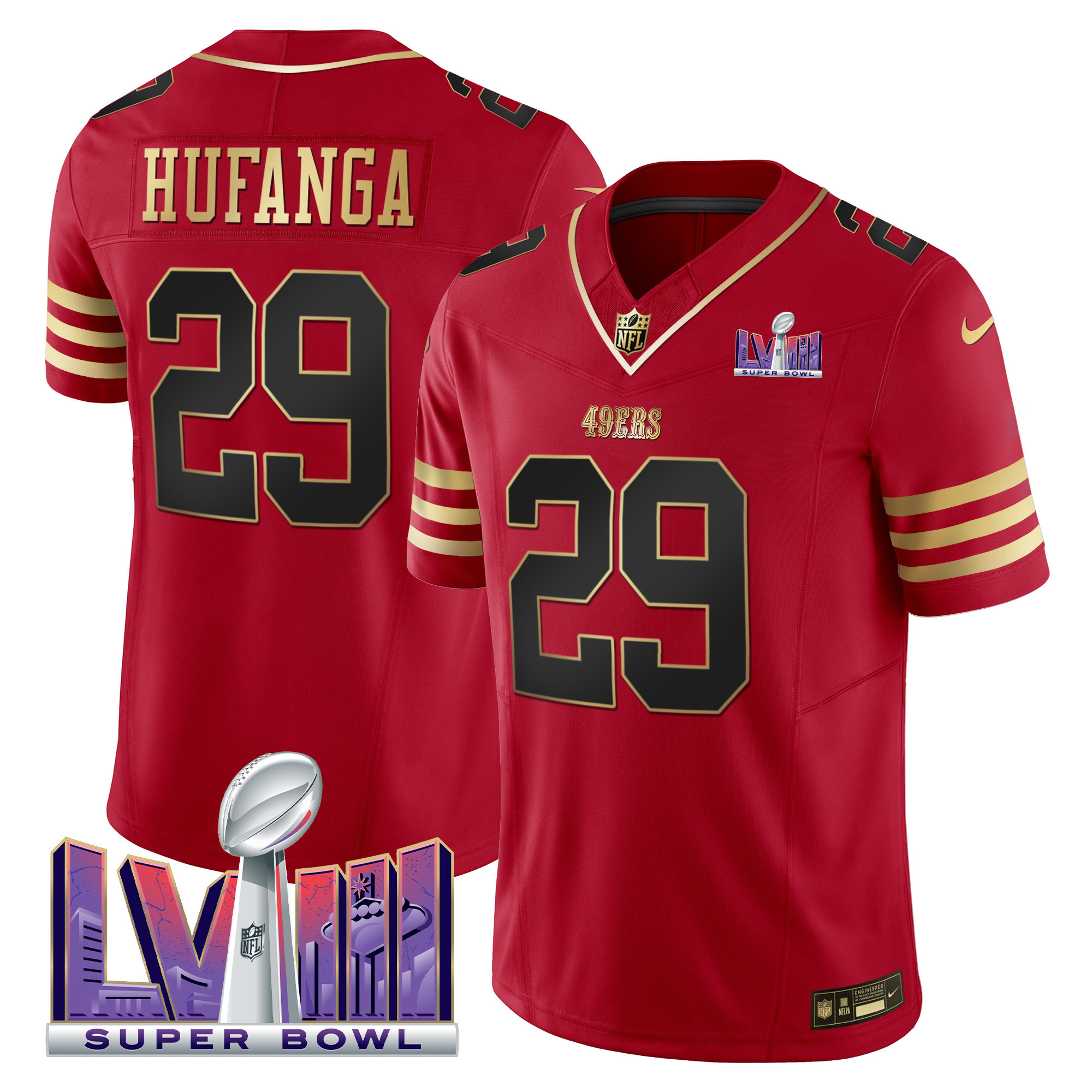 Men's Talanoa Hufanga San Francisco 49ers Super Bowl LVIII Patch Vapor Black Scarlet Jersey - All Stitched