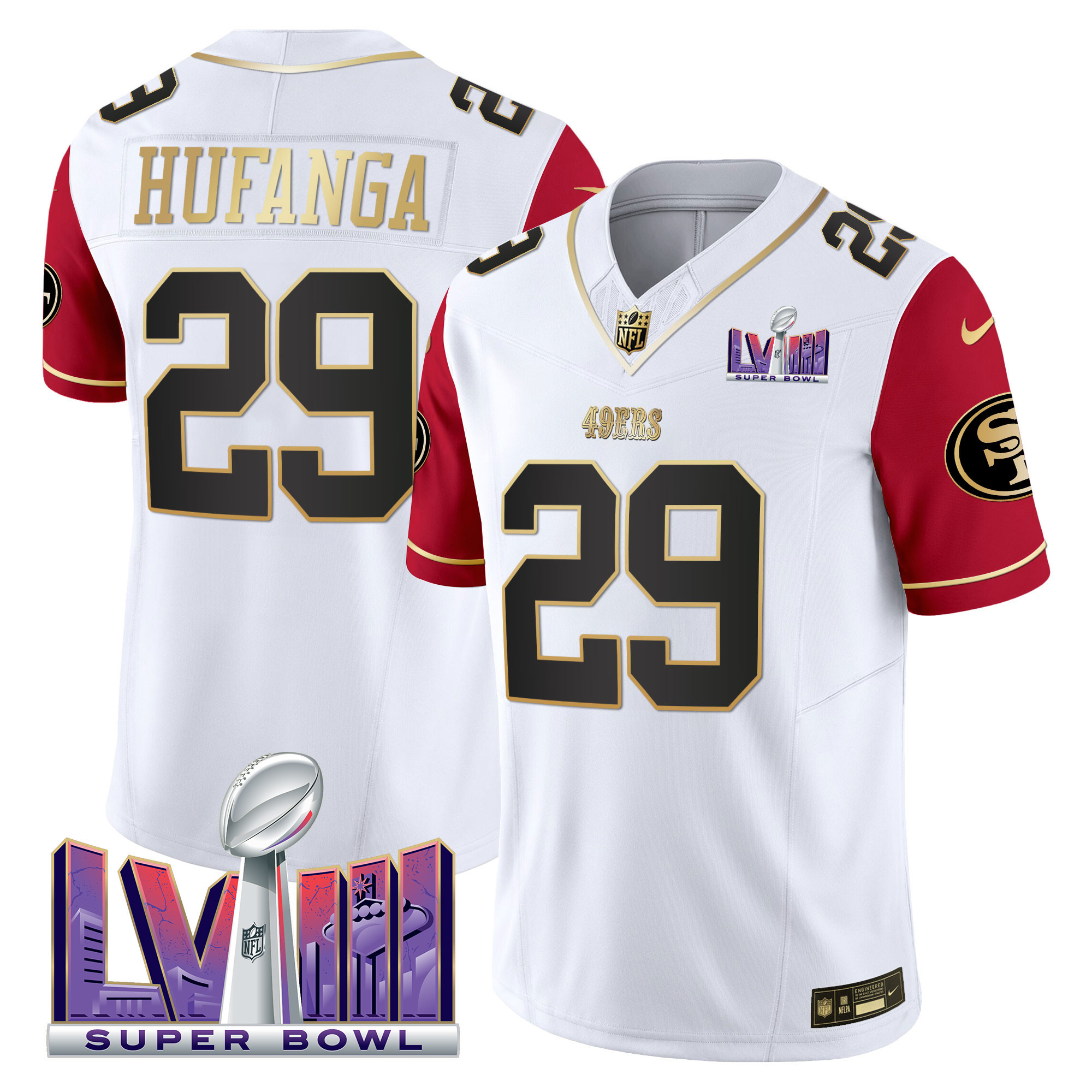 Men's Talanoa Hufanga San Francisco 49ers Super Bowl LVIII Patch Vapor Color Sleeves Jersey V2 - All Stitched