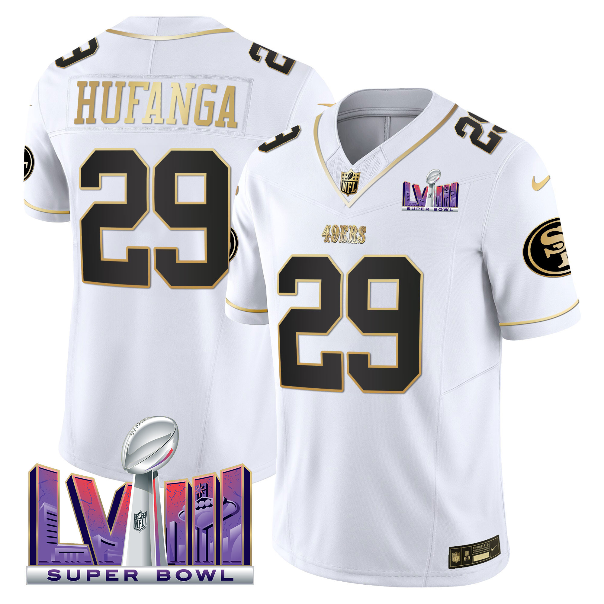 Men's Talanoa Hufanga San Francisco 49ers Super Bowl LVIII Patch Vapor White Gold Jersey V2 - All Stitched