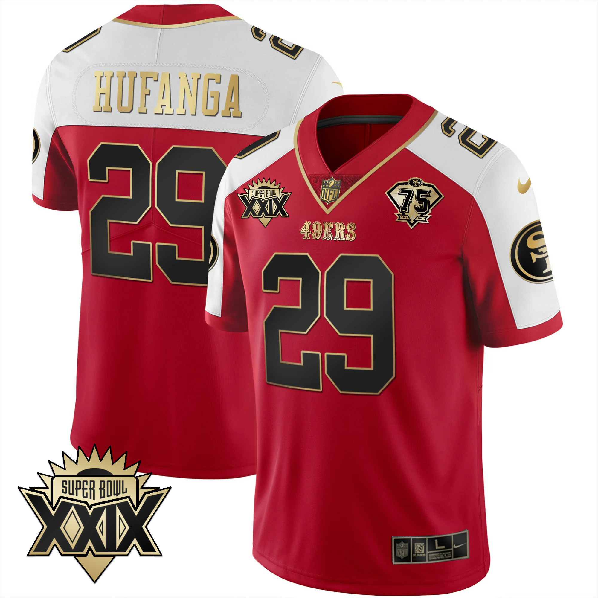 Men's Talanoa Hufanga San Francisco 49ers Super Bowl XXIX Patch Black Red Gold Red Alternate Jersey - All Stitched