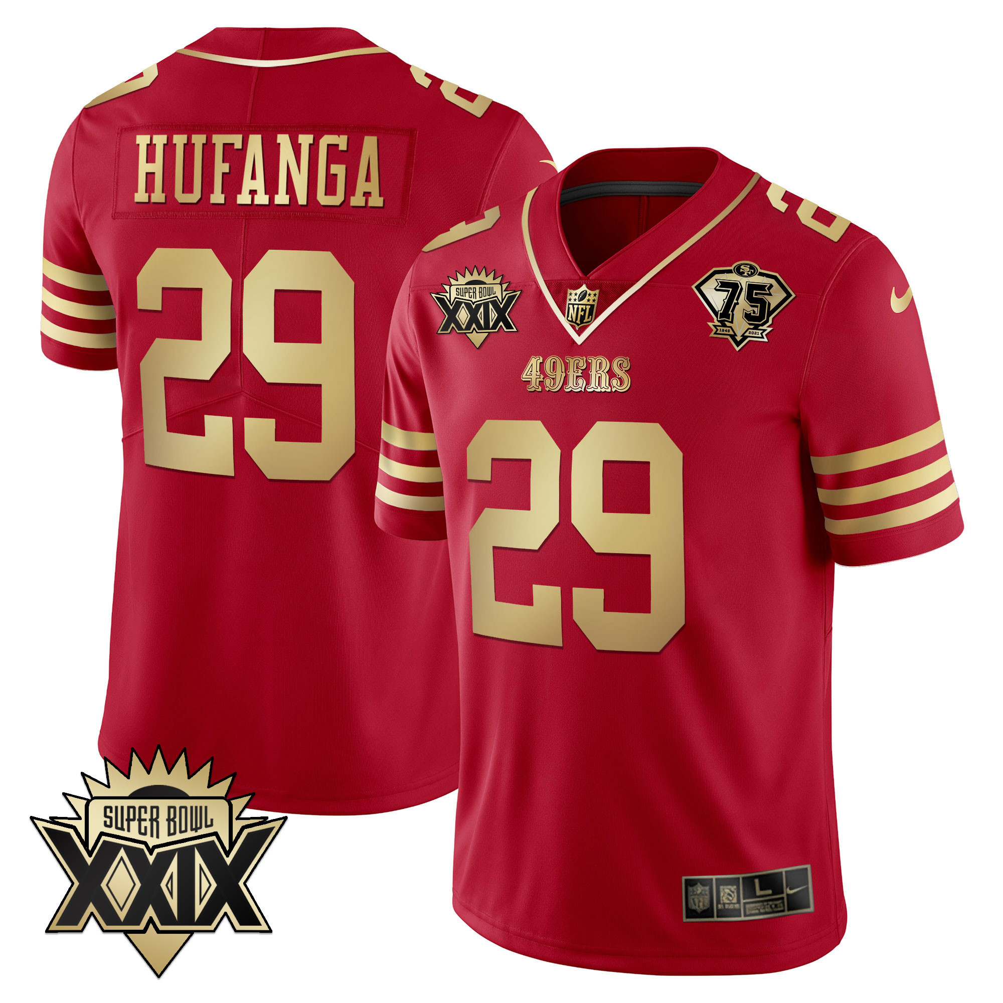 Men's Talanoa Hufanga San Francisco 49ers Super Bowl XXIX Patch Black Red Gold Red Gold Jersey - All Stitched