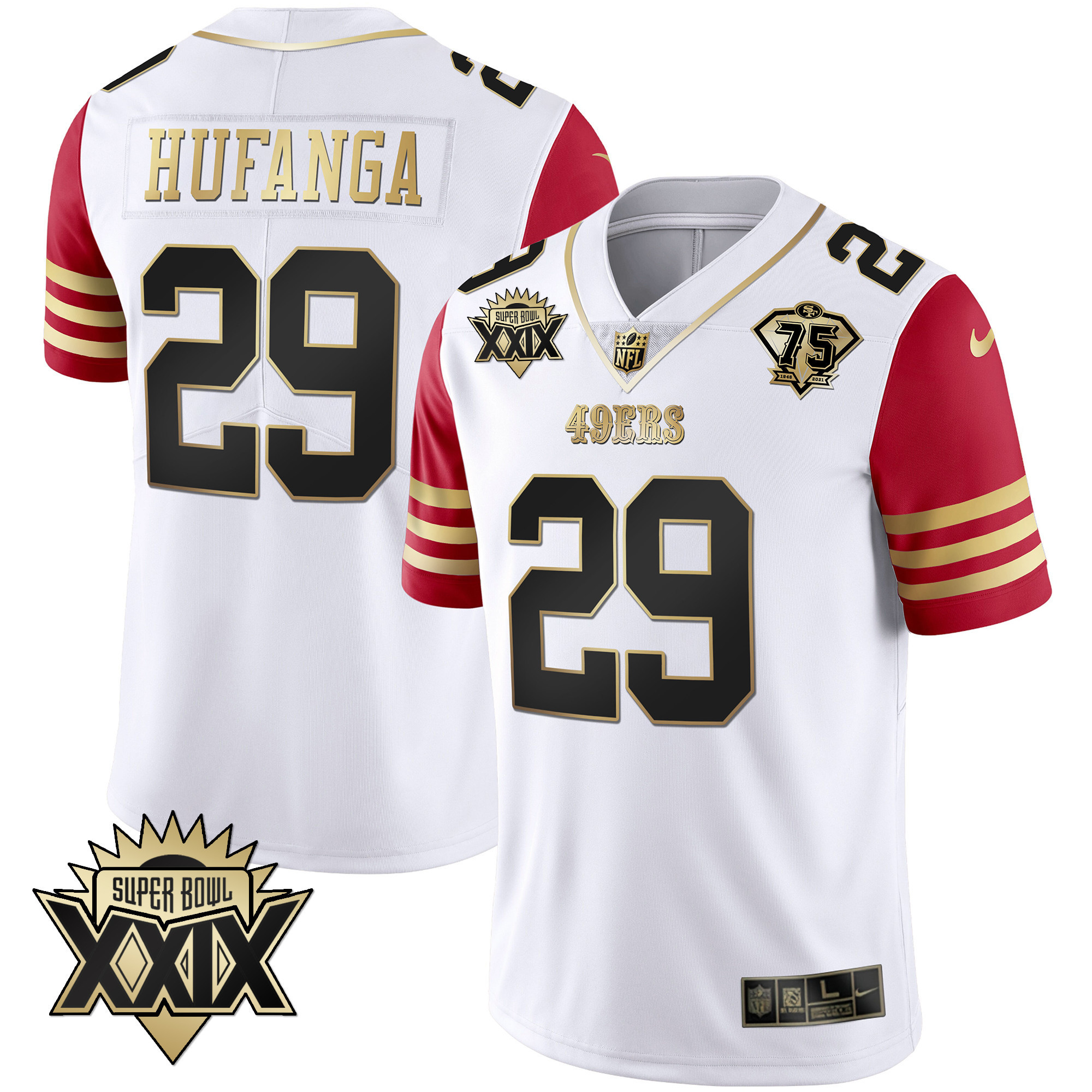 Men's Talanoa Hufanga San Francisco 49ers Super Bowl XXIX Patch Black Red Gold Red Sleeve Jersey - All Stitched