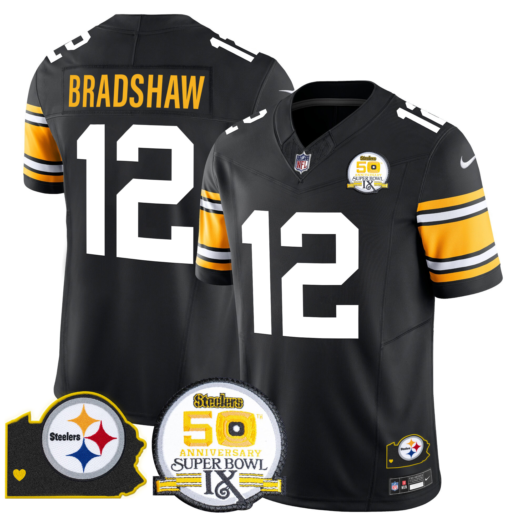 Men's Terry Bradshaw Pittsburgh Steelers 50th Anniversary Of Super Bowl IX & Map Patch Vapor Limited 1975 Throwback Jersey - All Stitched