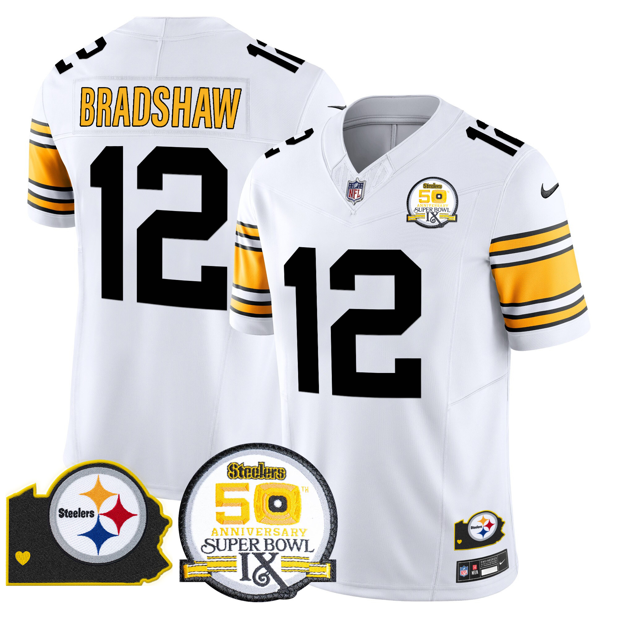 Men's Terry Bradshaw Pittsburgh Steelers 50th Anniversary Of Super Bowl IX & Map Patch Vapor Limited 1975 White Jersey - All Stitched