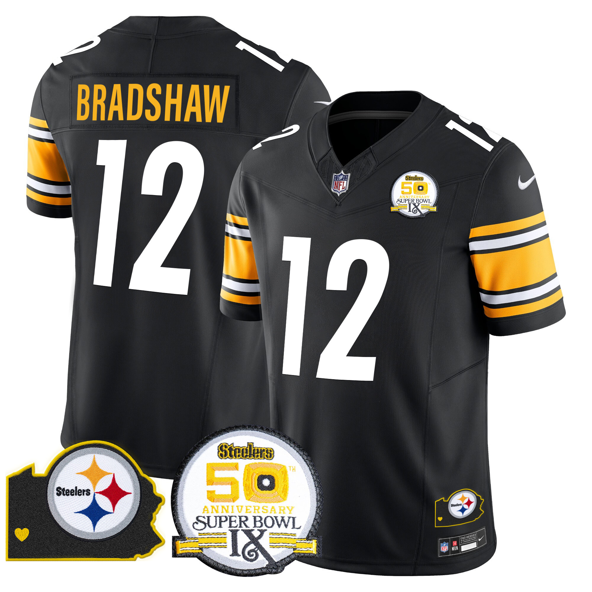Men's Terry Bradshaw Pittsburgh Steelers 50th Anniversary Of Super Bowl IX & Map Patch Vapor Limited Black Jersey - All Stitched