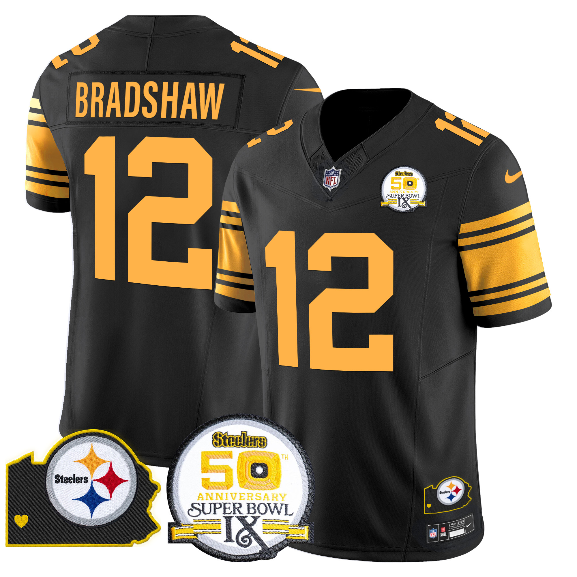 Men's Terry Bradshaw Pittsburgh Steelers 50th Anniversary Of Super Bowl IX & Map Patch Vapor Limited Color Rush Jersey - All Stitched