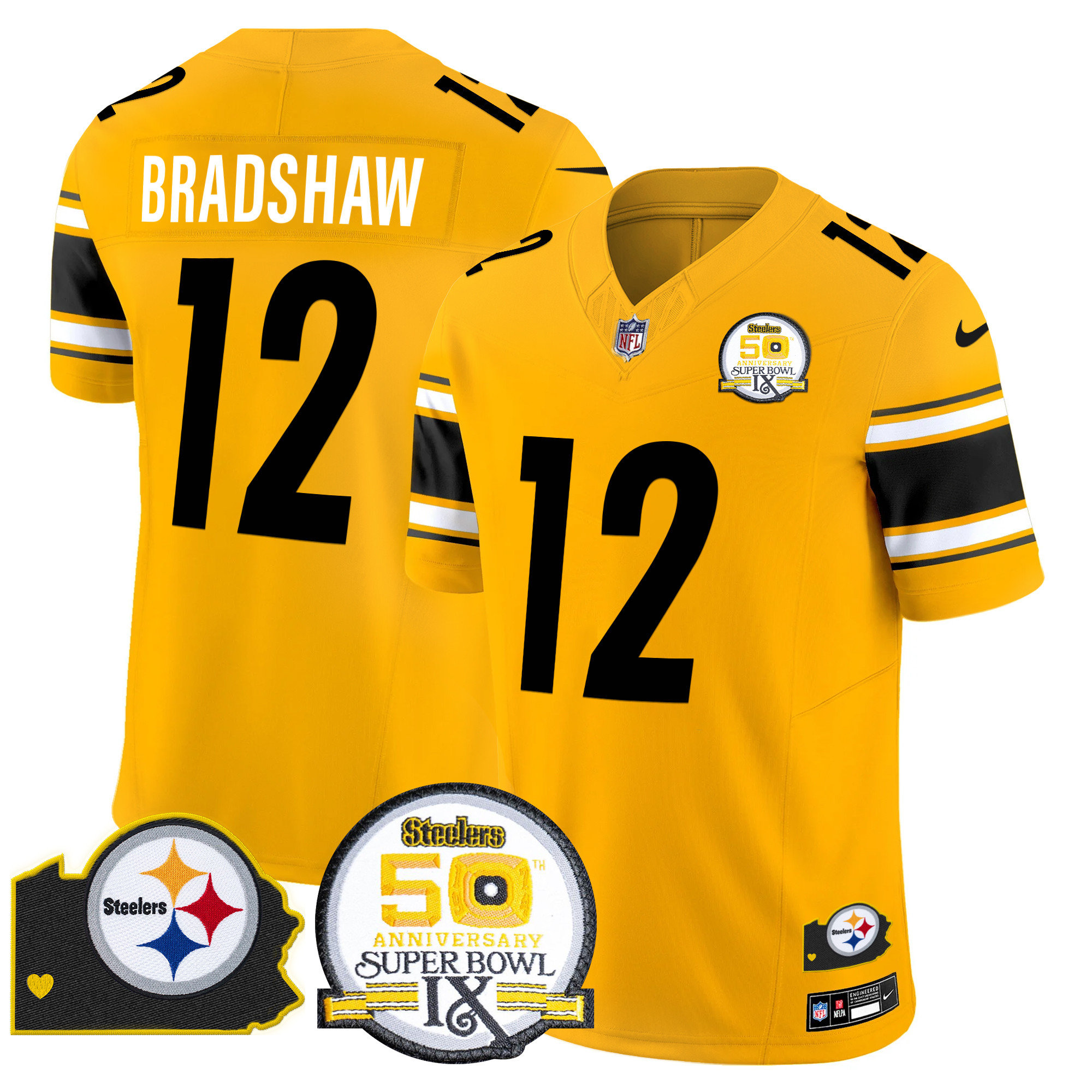 Men's Terry Bradshaw Pittsburgh Steelers 50th Anniversary Of Super Bowl IX & Map Patch Vapor Limited Gold Jersey - All Stitched