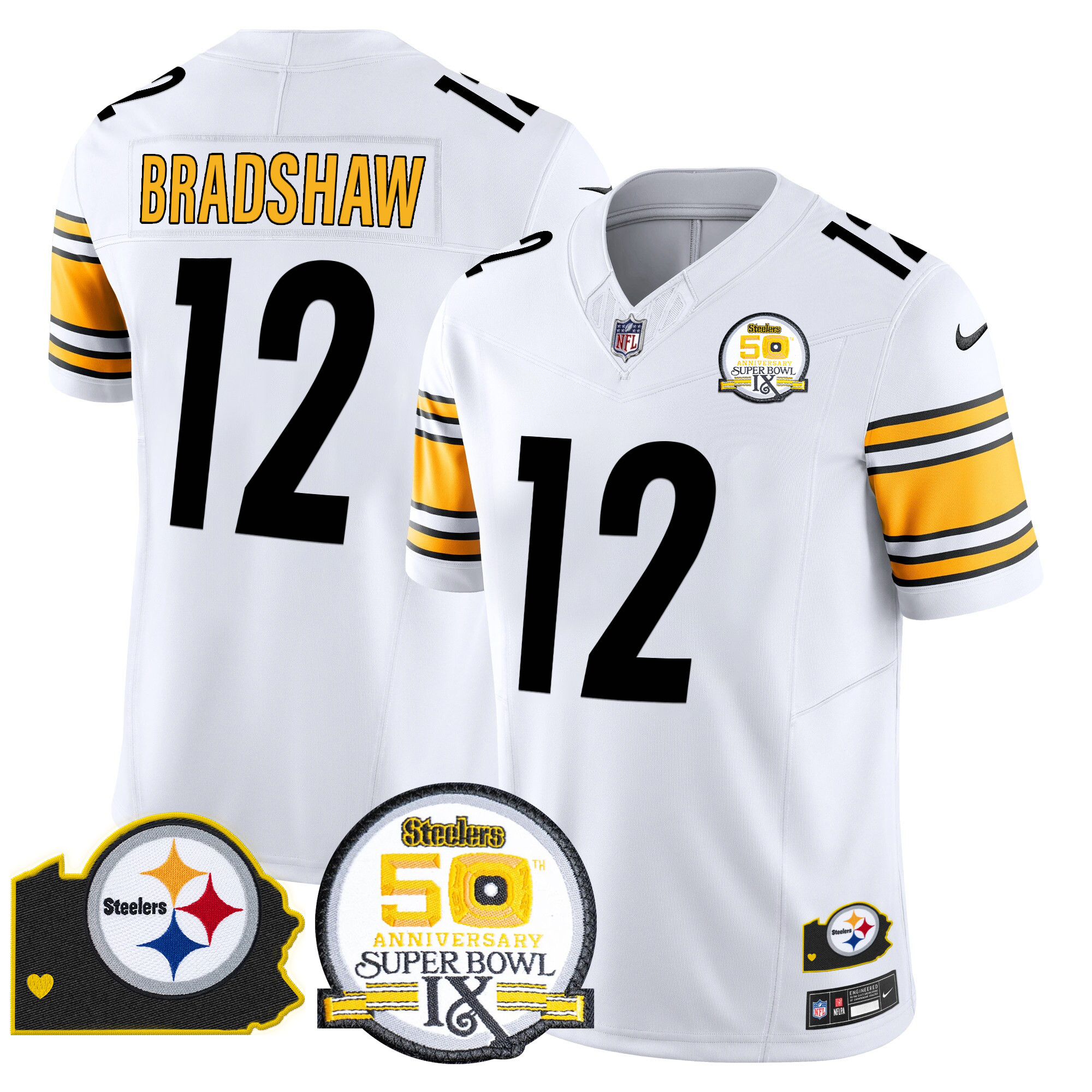 Men's Terry Bradshaw Pittsburgh Steelers 50th Anniversary Of Super Bowl IX & Map Patch Vapor Limited White Jersey - All Stitched