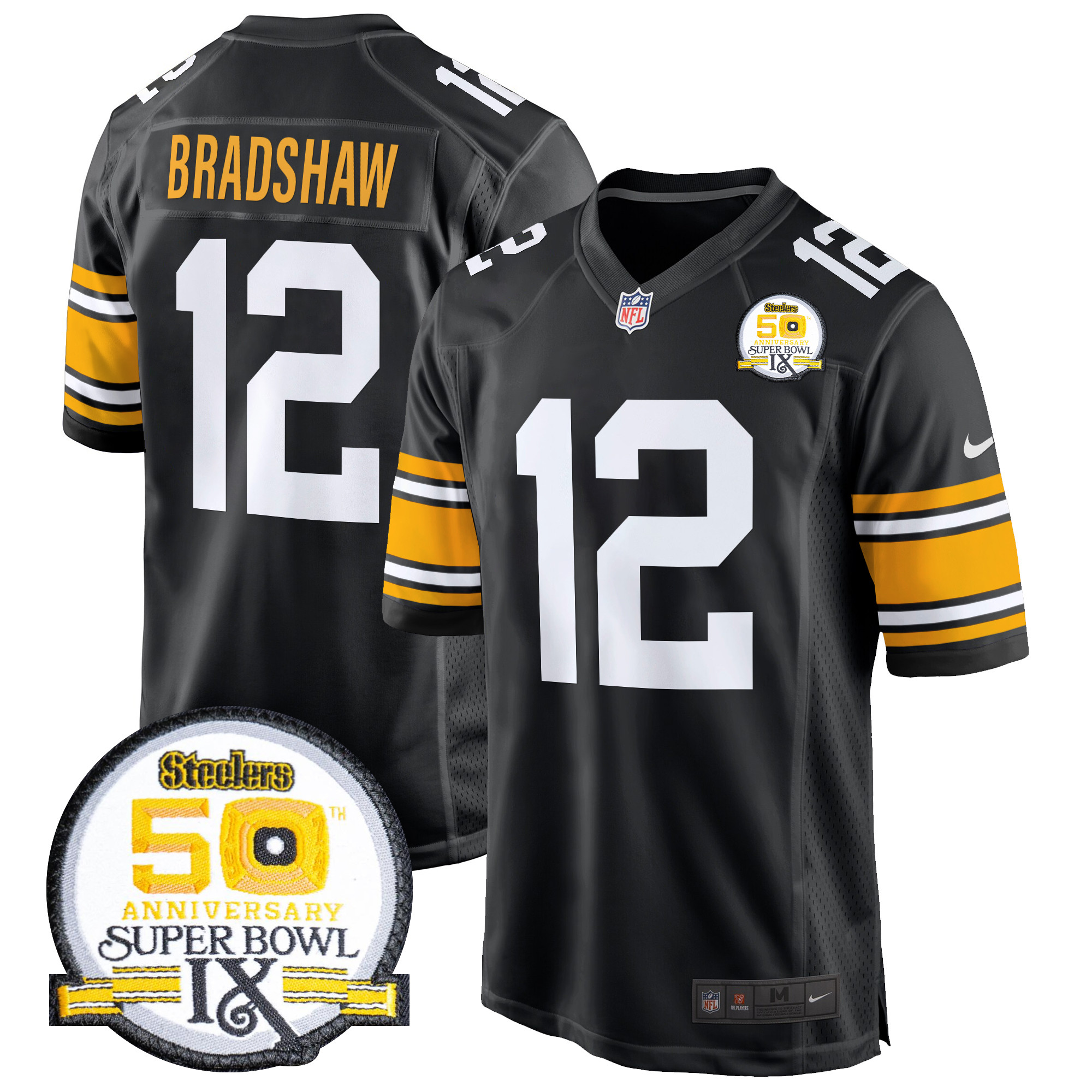 Men's Terry Bradshaw Pittsburgh Steelers 50th Anniversary Of Super Bowl IX Patch Game 1975 Throwback Jersey - All Stitched