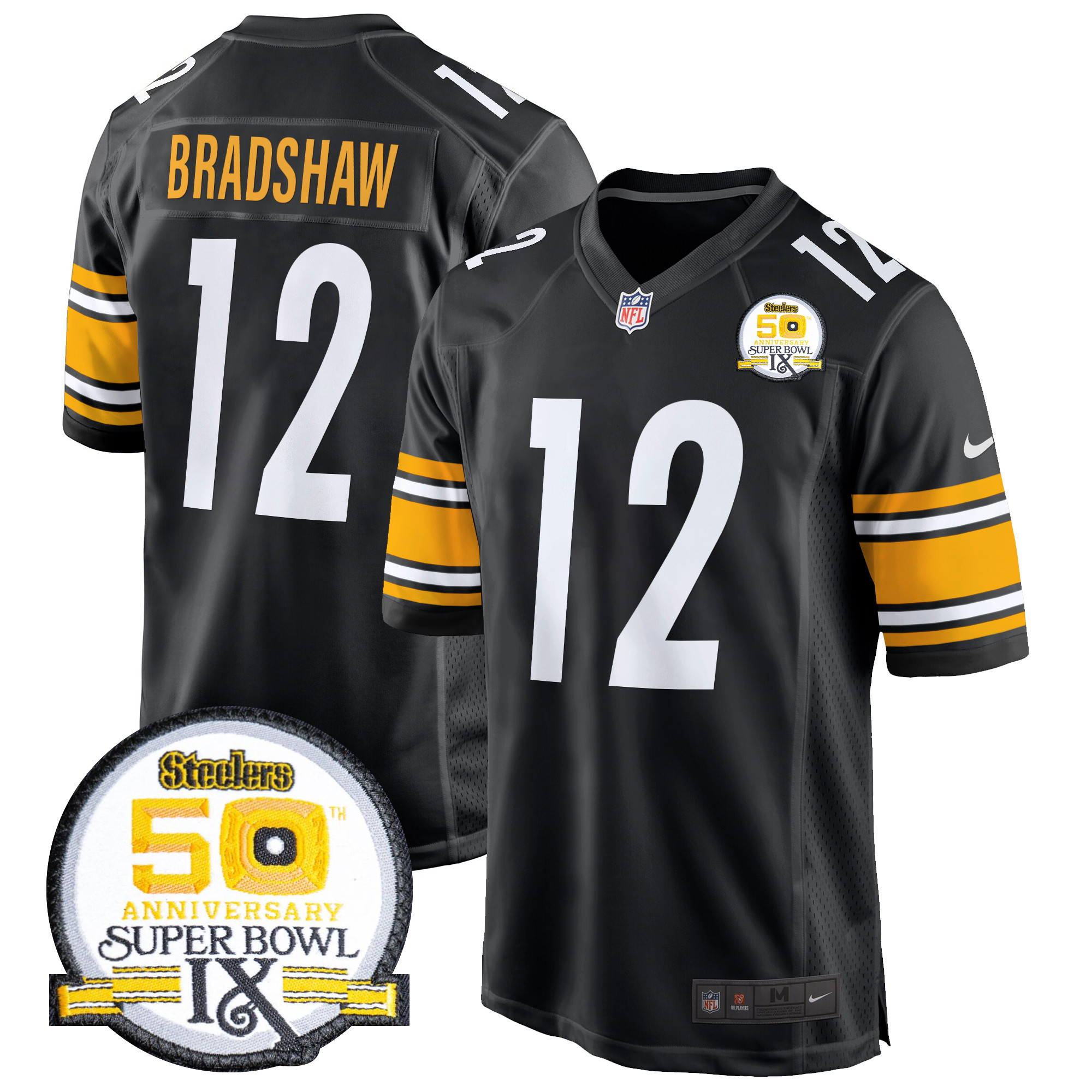 Men's Terry Bradshaw Pittsburgh Steelers 50th Anniversary Of Super Bowl IX Patch Game Black Jersey - All Stitched