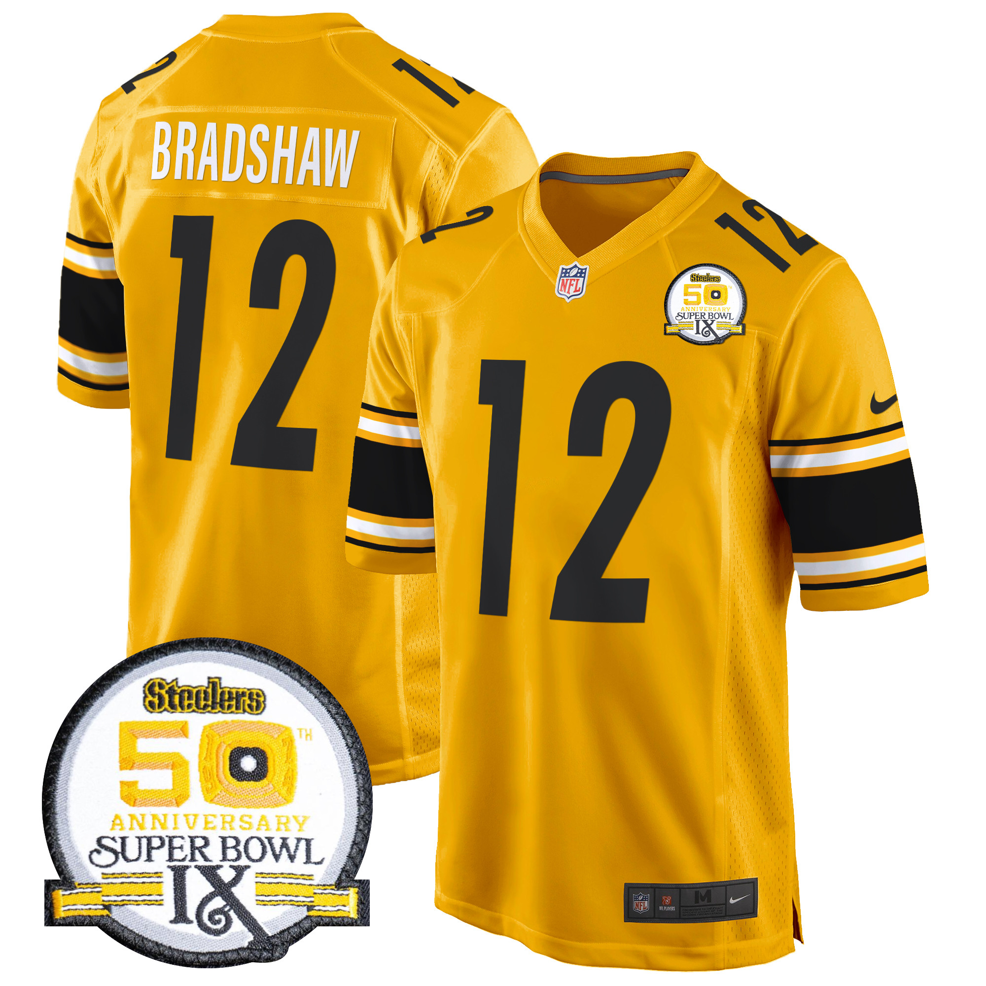 Men's Terry Bradshaw Pittsburgh Steelers 50th Anniversary Of Super Bowl IX Patch Game Gold Jersey - All Stitched