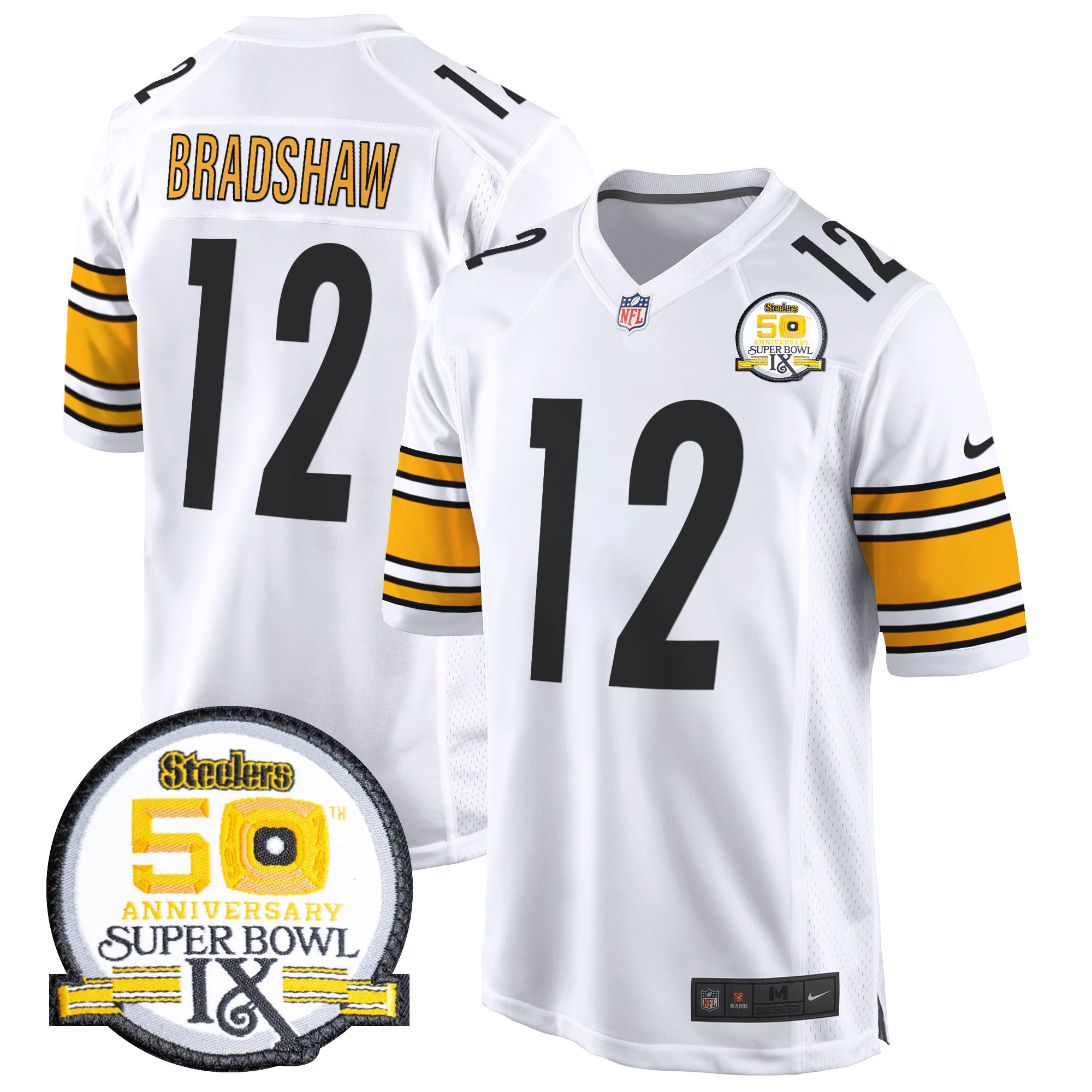 Men's Terry Bradshaw Pittsburgh Steelers 50th Anniversary Of Super Bowl IX Patch Game White Jersey - All Stitched