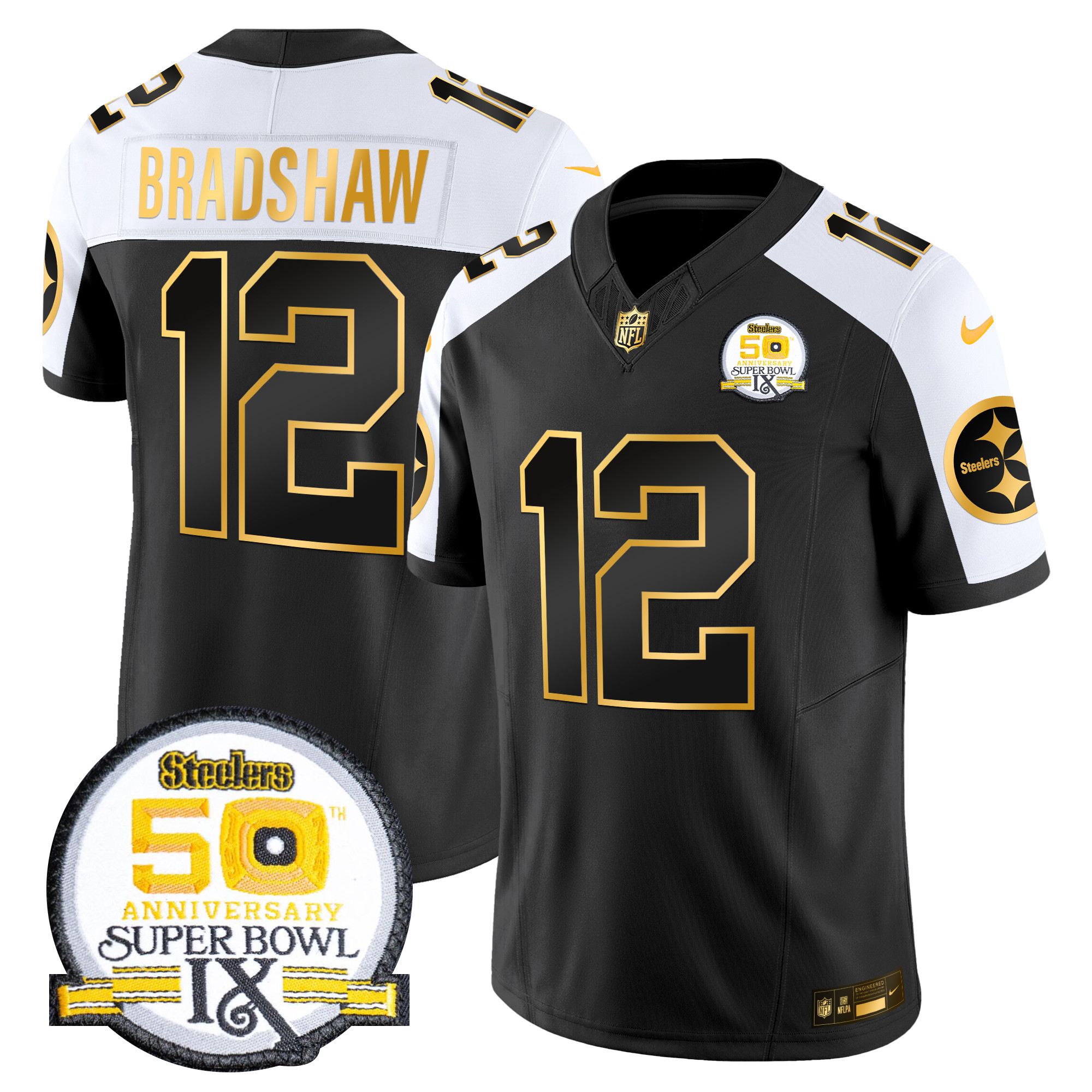 Men's Terry Bradshaw Pittsburgh Steelers 50th Anniversary of Super Bowl IX Patch Gold Vapor Limited Alternate Jersey - All Stitched