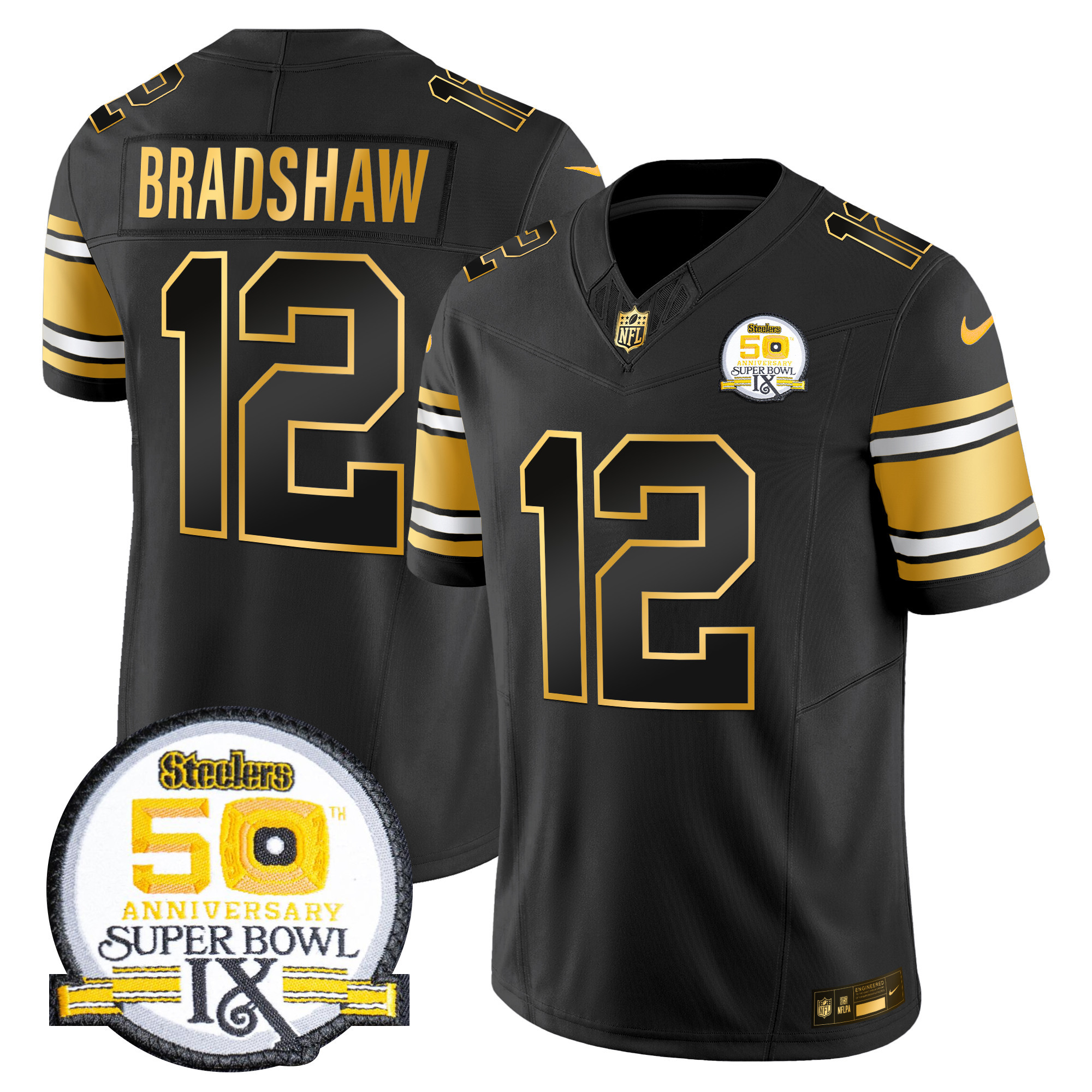 Men's Terry Bradshaw Pittsburgh Steelers 50th Anniversary of Super Bowl IX Patch Gold Vapor Limited Black Gold Jersey - All Stitched