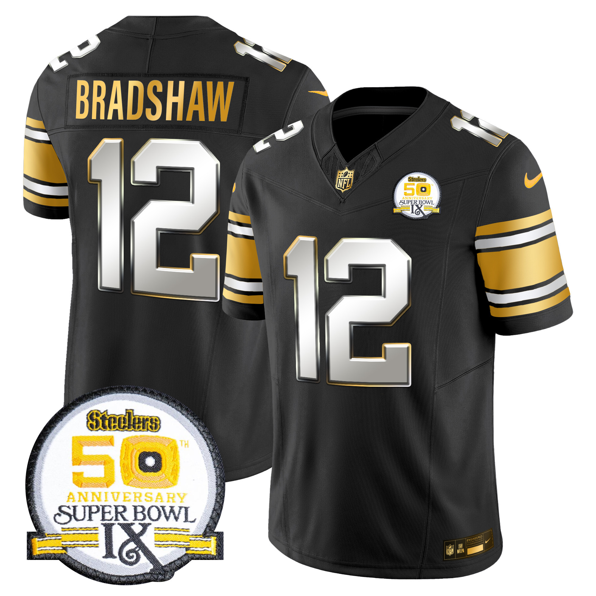 Men's Terry Bradshaw Pittsburgh Steelers 50th Anniversary of Super Bowl IX Patch Gold Vapor Limited Black Limited Jersey - All Stitched