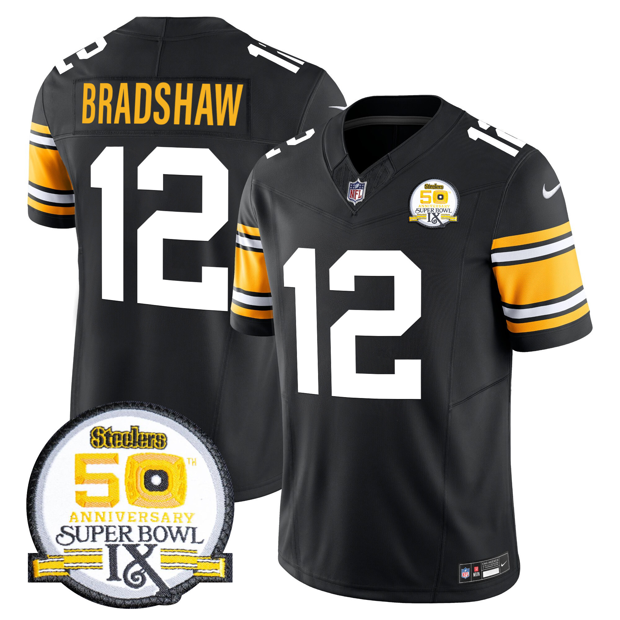 Men's Terry Bradshaw Pittsburgh Steelers 50th Anniversary Of Super Bowl IX Patch Vapor Limited 1975 Throwback Jersey - All Stitched