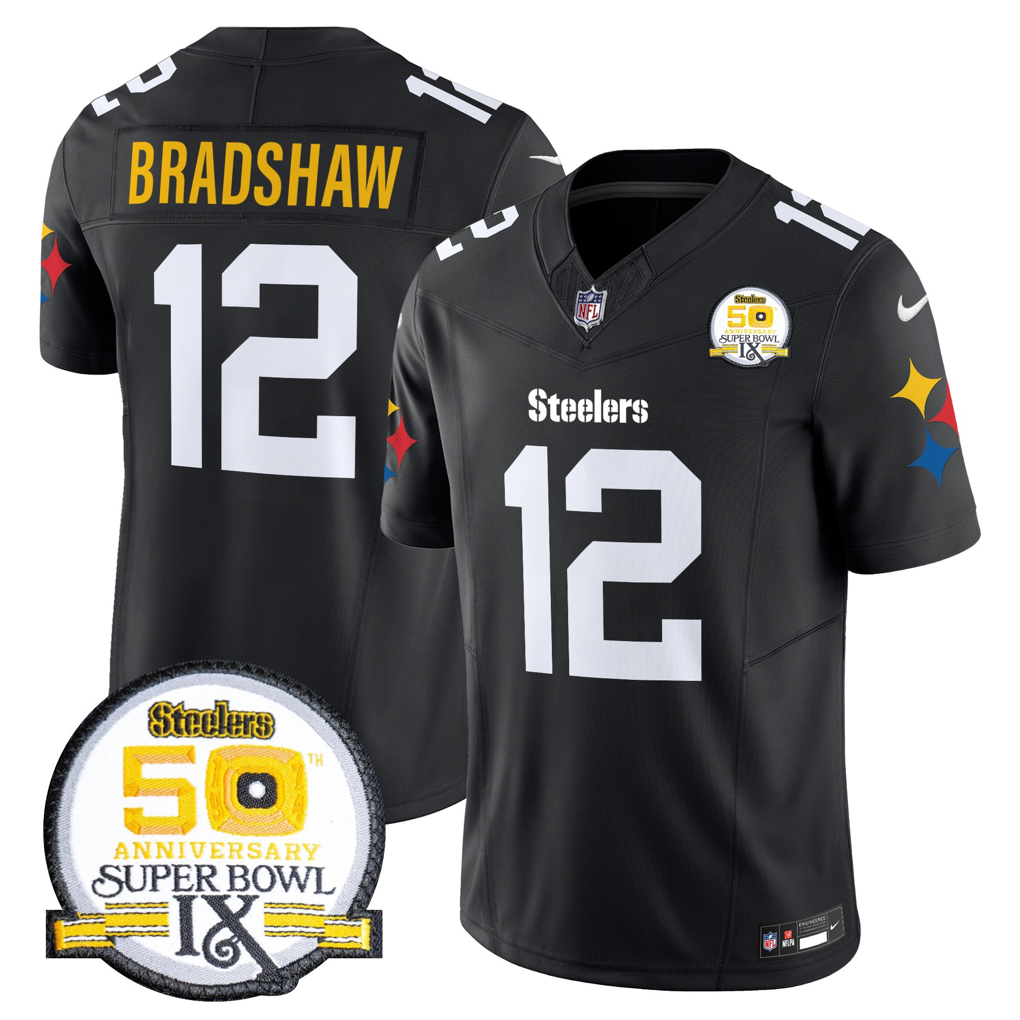 Men's Terry Bradshaw Pittsburgh Steelers 50th Anniversary Of Super Bowl IX Patch Vapor Limited 1975 Throwback Jersey - All Stitched
