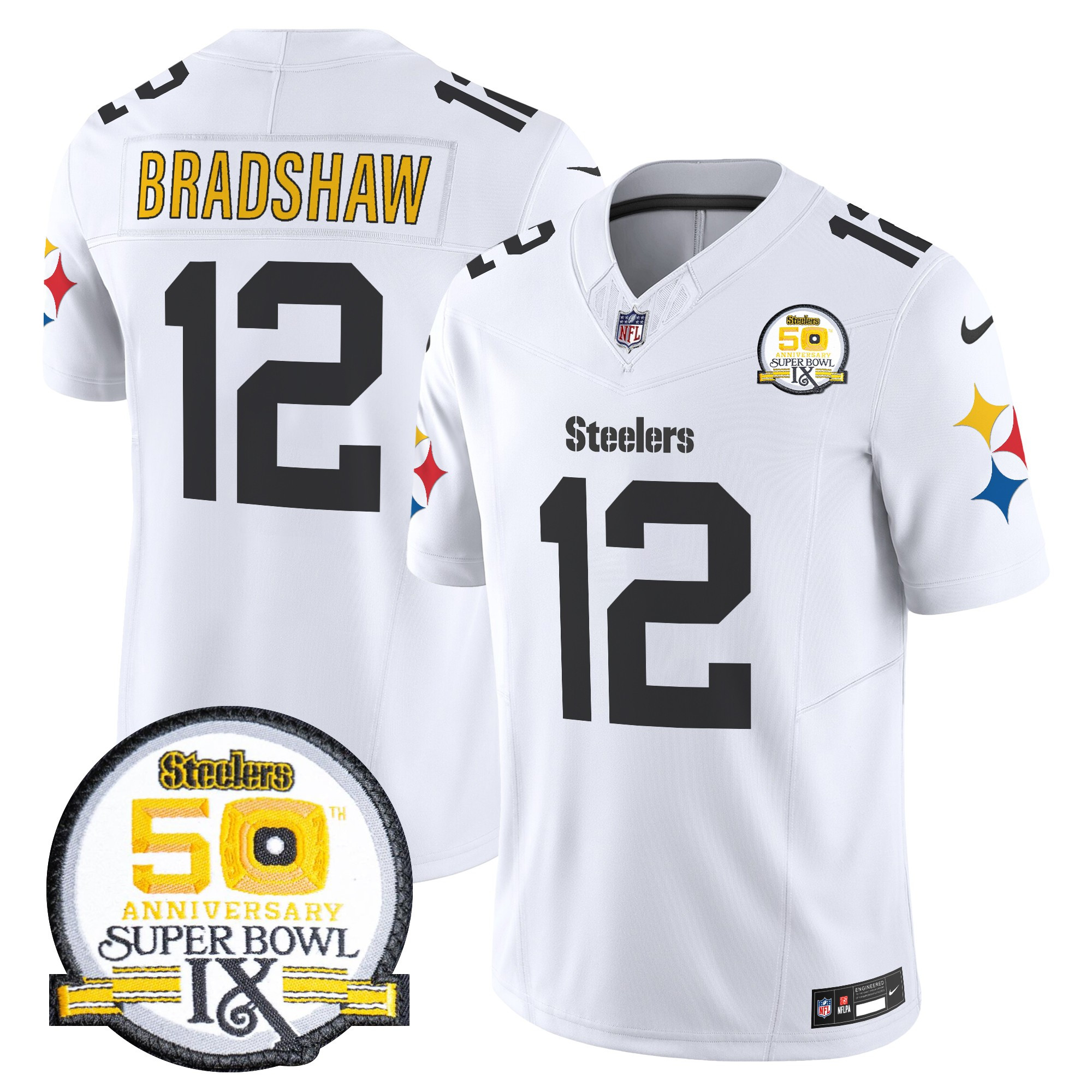Men's Terry Bradshaw Pittsburgh Steelers 50th Anniversary Of Super Bowl IX Patch Vapor Limited 1975 White Jersey - All Stitched
