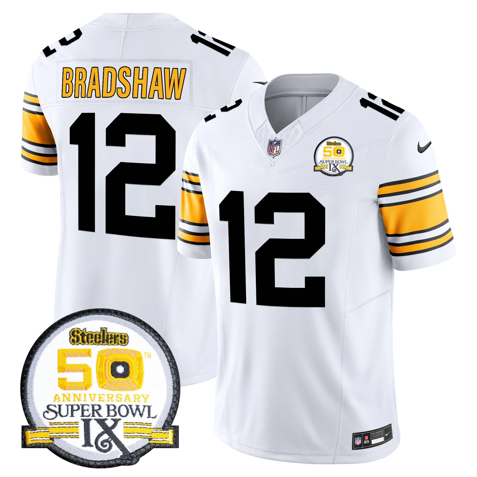 Men's Terry Bradshaw Pittsburgh Steelers 50th Anniversary Of Super Bowl IX Patch Vapor Limited 1975 White Jersey - All Stitched