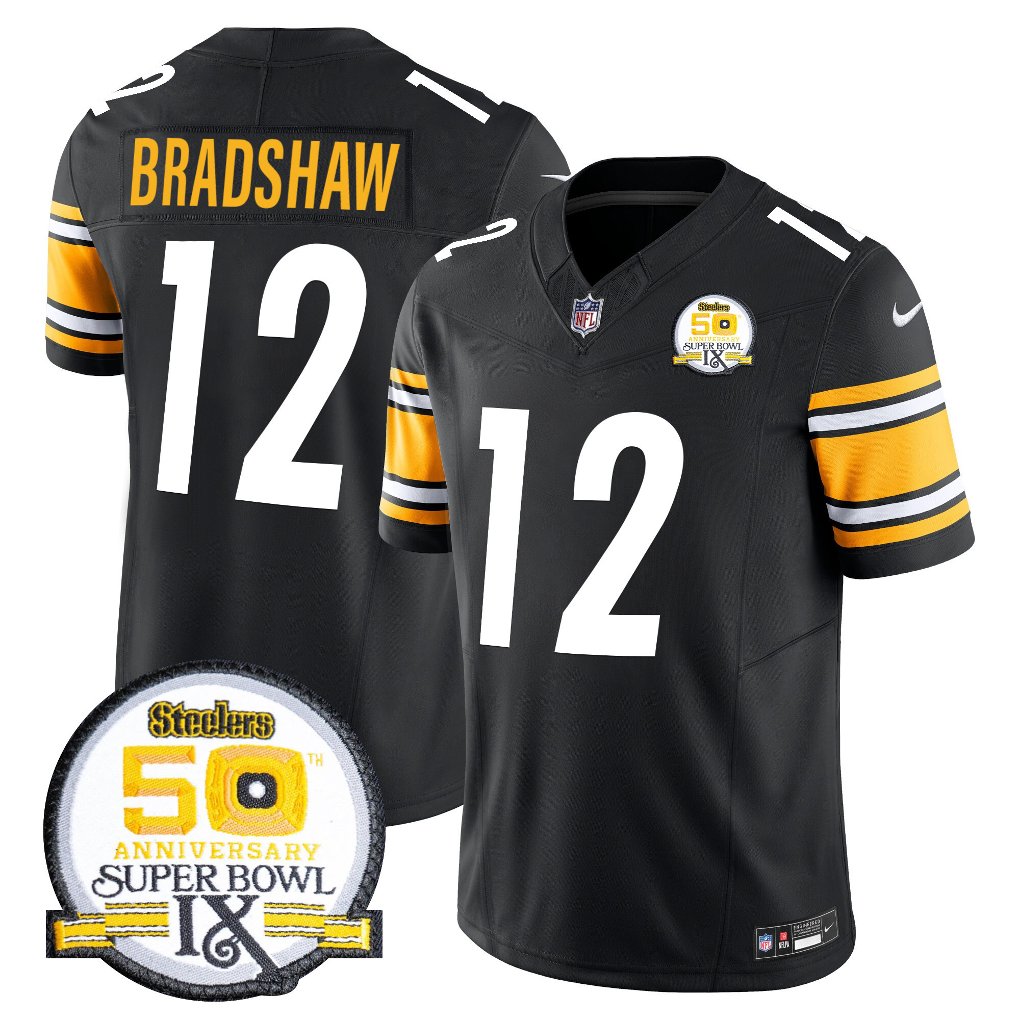 Men's Terry Bradshaw Pittsburgh Steelers 50th Anniversary Of Super Bowl IX Patch Vapor Limited Black Jersey - All Stitched