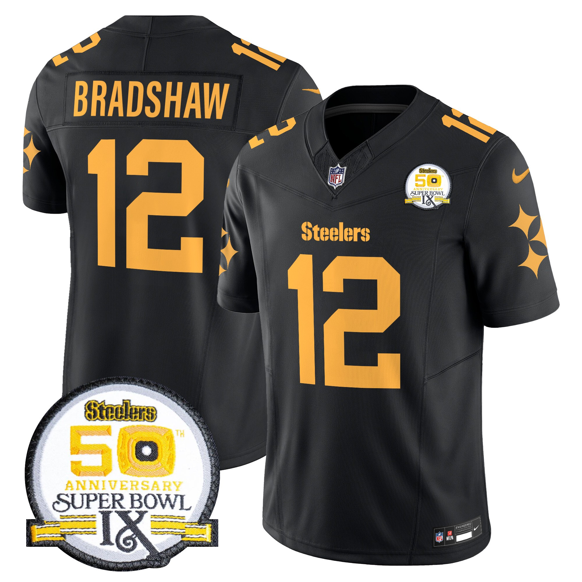 Men's Terry Bradshaw Pittsburgh Steelers 50th Anniversary Of Super Bowl IX Patch Vapor Limited Color Rush Jersey - All Stitched